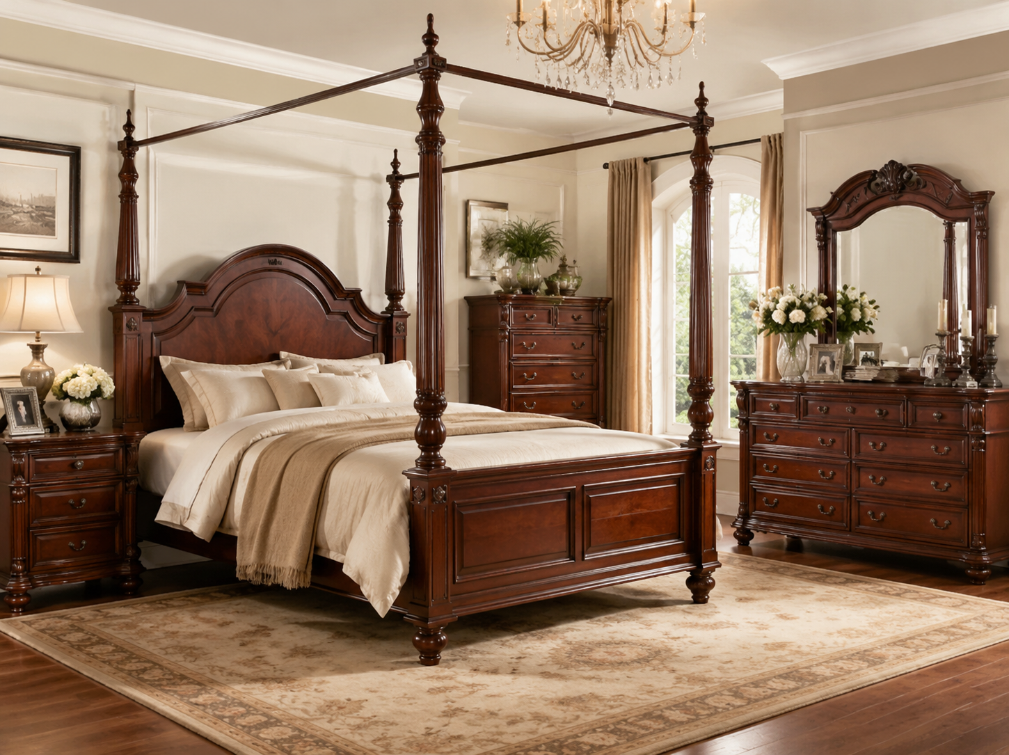 Classical Four-Poster Redwood Bedroom Suite 5-Piece Classical Redwood