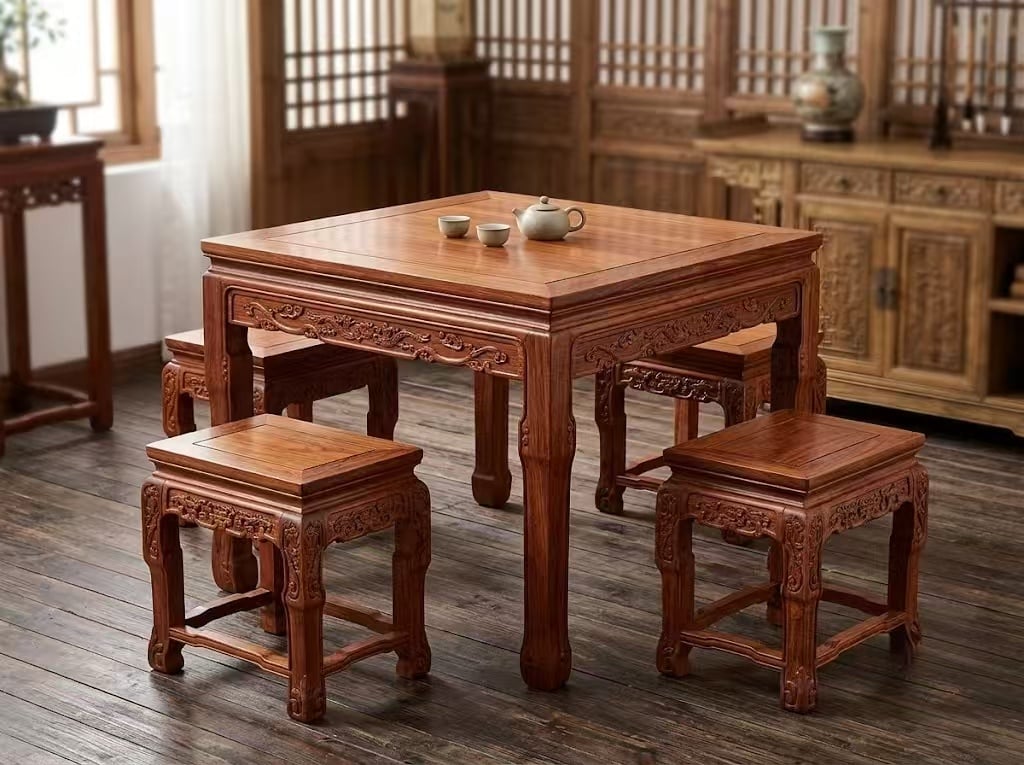 Square Redwood Dining Table 4-Seat Compact Set with Carved Stools Classical Redwood