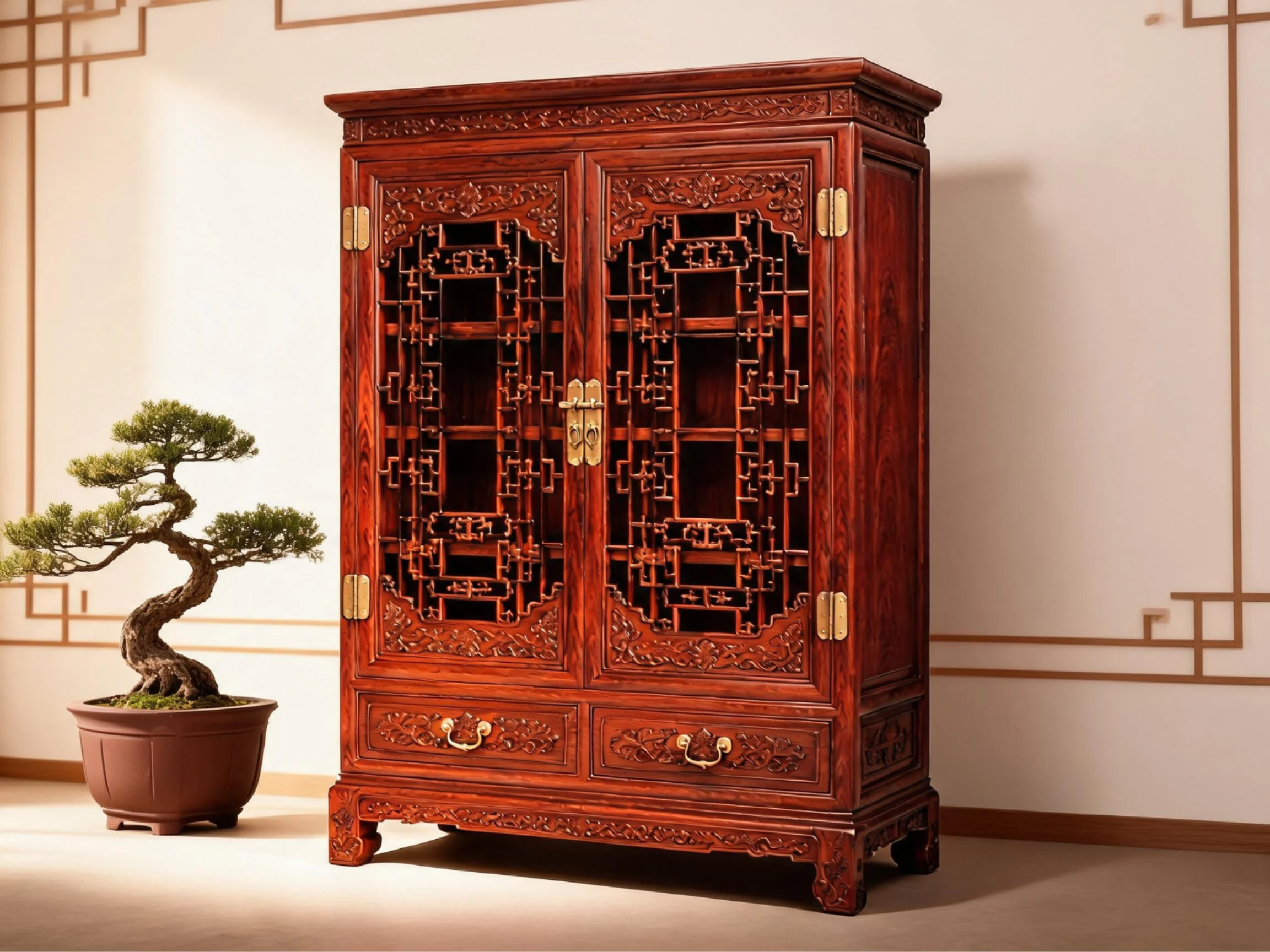 Classical Siamese Rosewood Display Cabinet with Carved Lattice Doors rosewood display cabinet