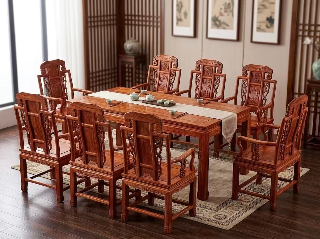Rectangular Redwood Dining Table 8-Seat Set with Bamboo Carved Chairs Classical Redwood