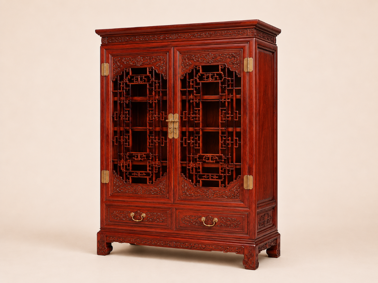 Classical Siamese Rosewood Display Cabinet with Carved Lattice Doors rosewood display cabinet