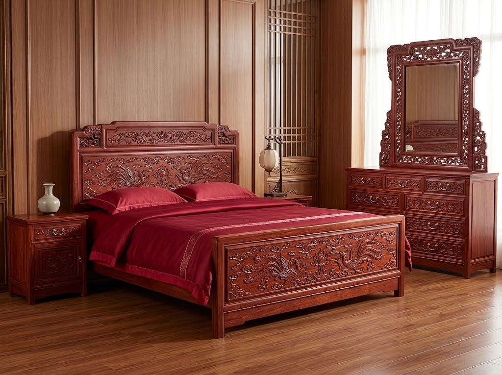 Classical Redwood Bed and Dresser 4-Piece Bedroom Set Classical Redwood