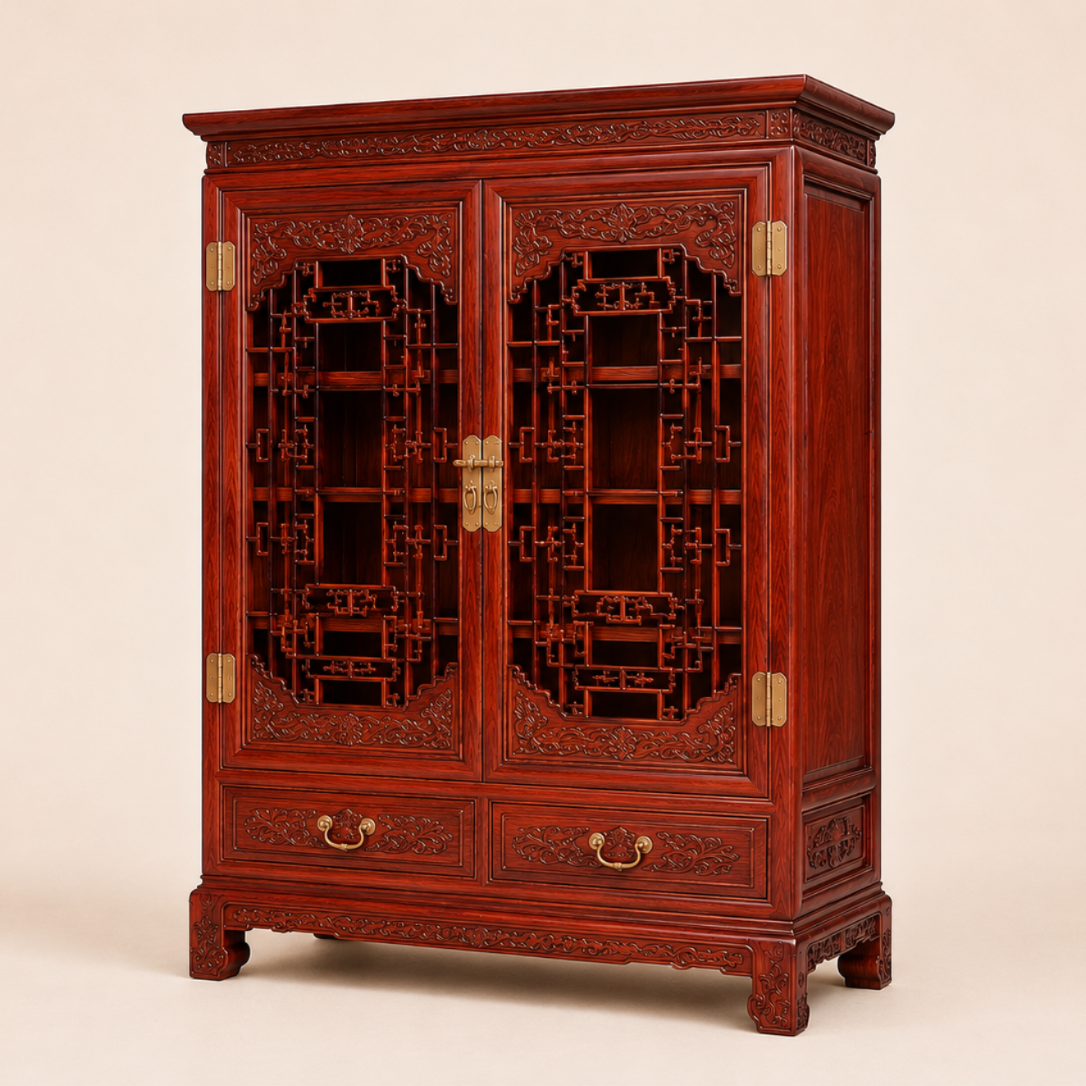 Classical Siamese Rosewood Display Cabinet with Carved Lattice Doors rosewood display cabinet