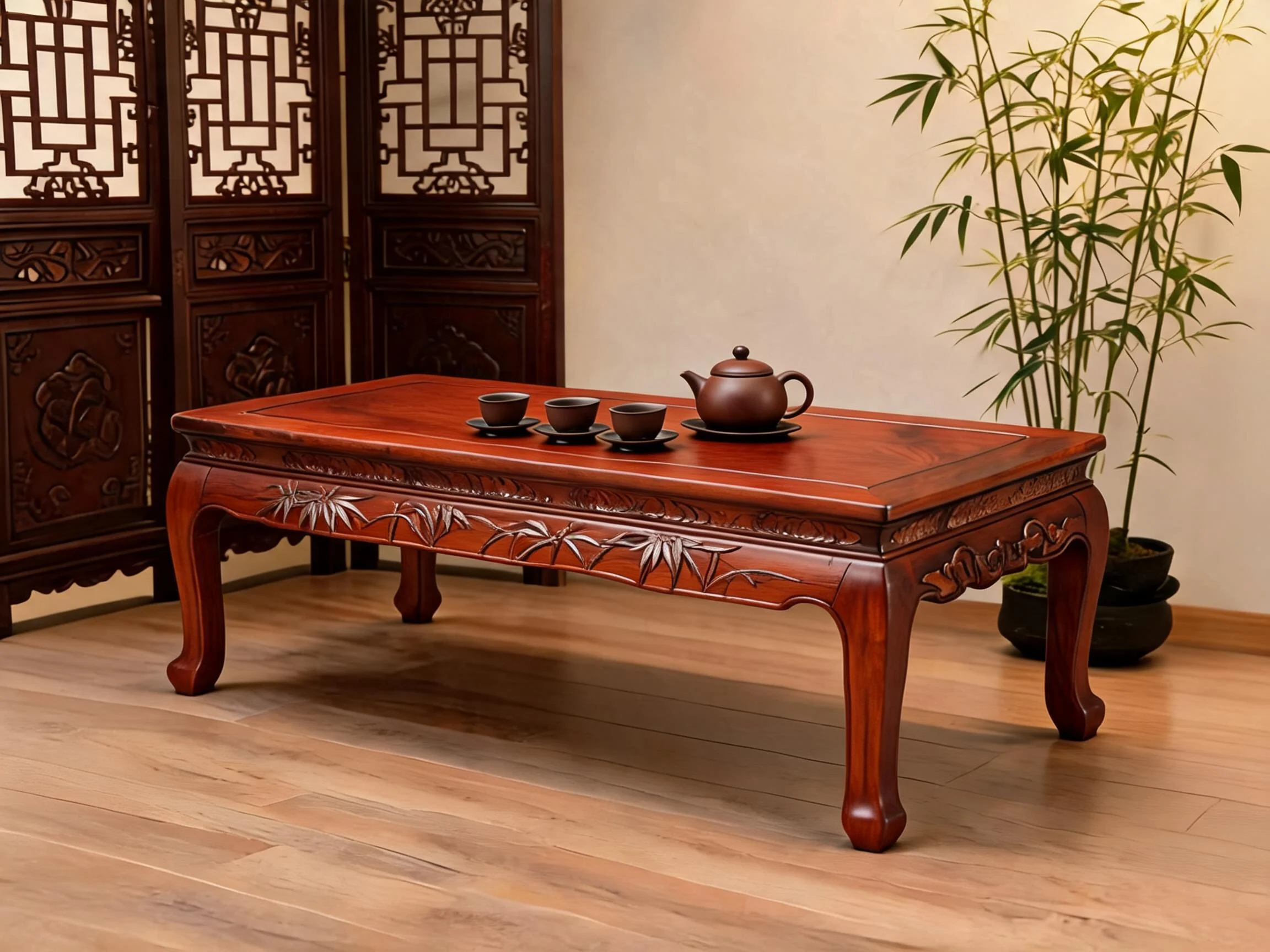 Classical Siamese Rosewood Tea Table with Bamboo Carved Apron rosewood tea table