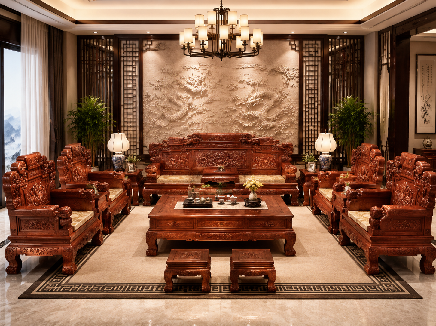 Imperial Dragon Carved Redwood Sofa 10-Seat Set Classical Redwood