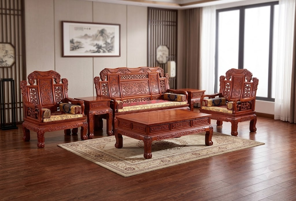 Qing Dynasty Style Carved Redwood Sofa 5-Piece Set Classical Redwood