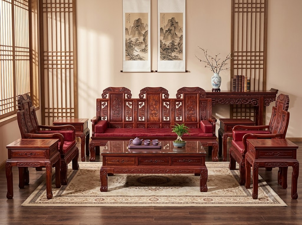Carved Siamese rosewood sofa 3-piece set with ruyi sceptre carved armrests and coffee table