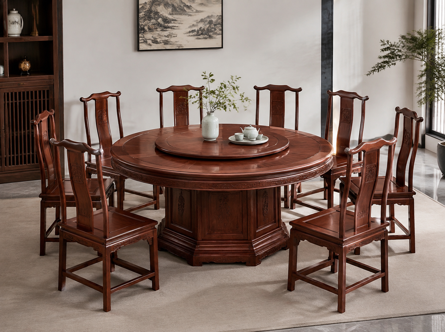 Ming Style Round Redwood Dining Table 8-Seat Set Classical Redwood
