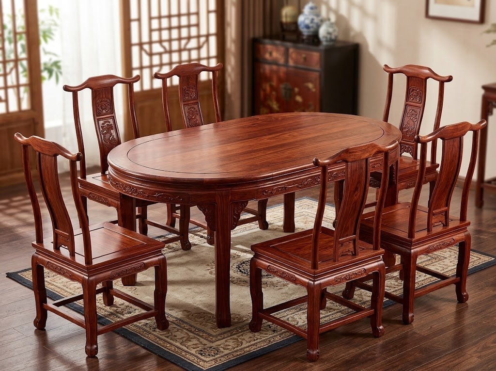 Oval Redwood Dining Table 6-Seat Set with Ming Style Chairs Classical Redwood