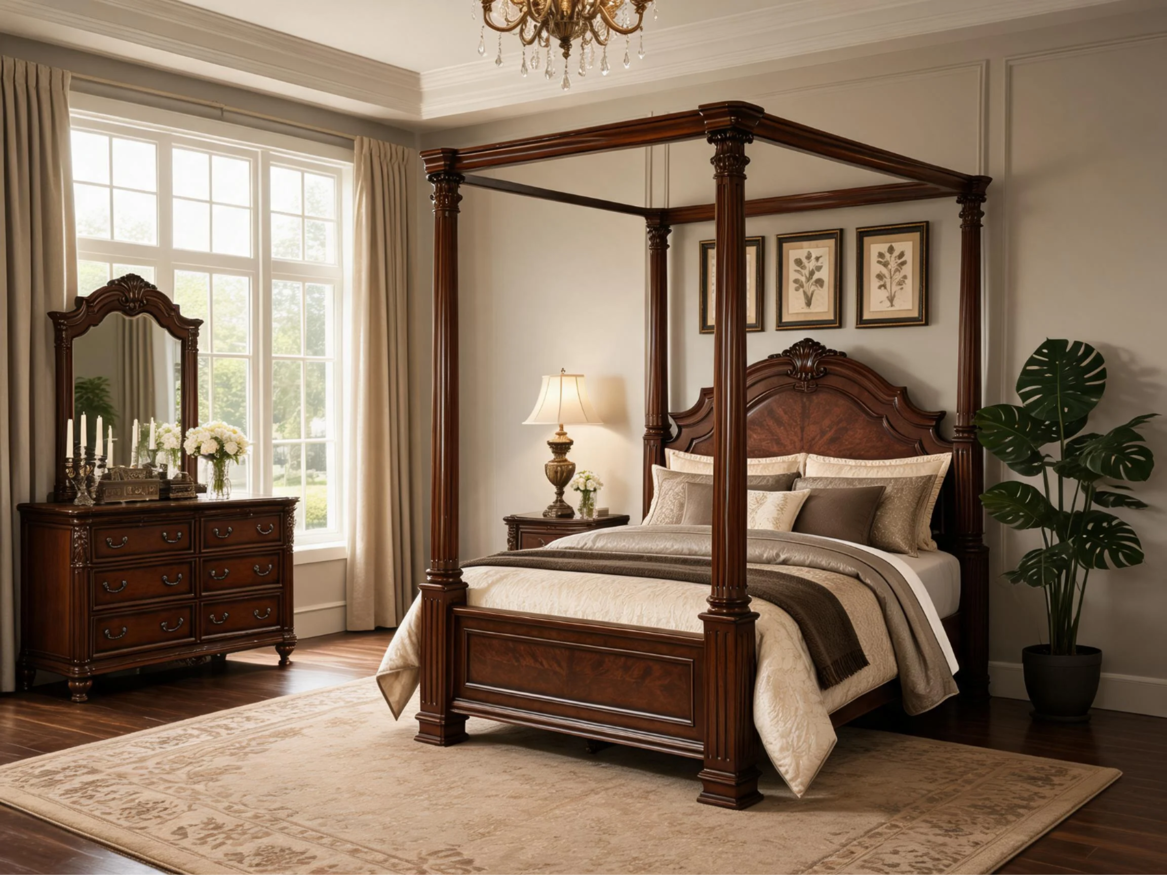Classical Redwood Canopy Bed 3-Piece Bedroom Set Classical Redwood