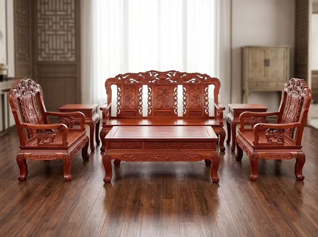 Auspicious Phoenix Carved Redwood Sofa 6-Piece Reception Set Classical Redwood