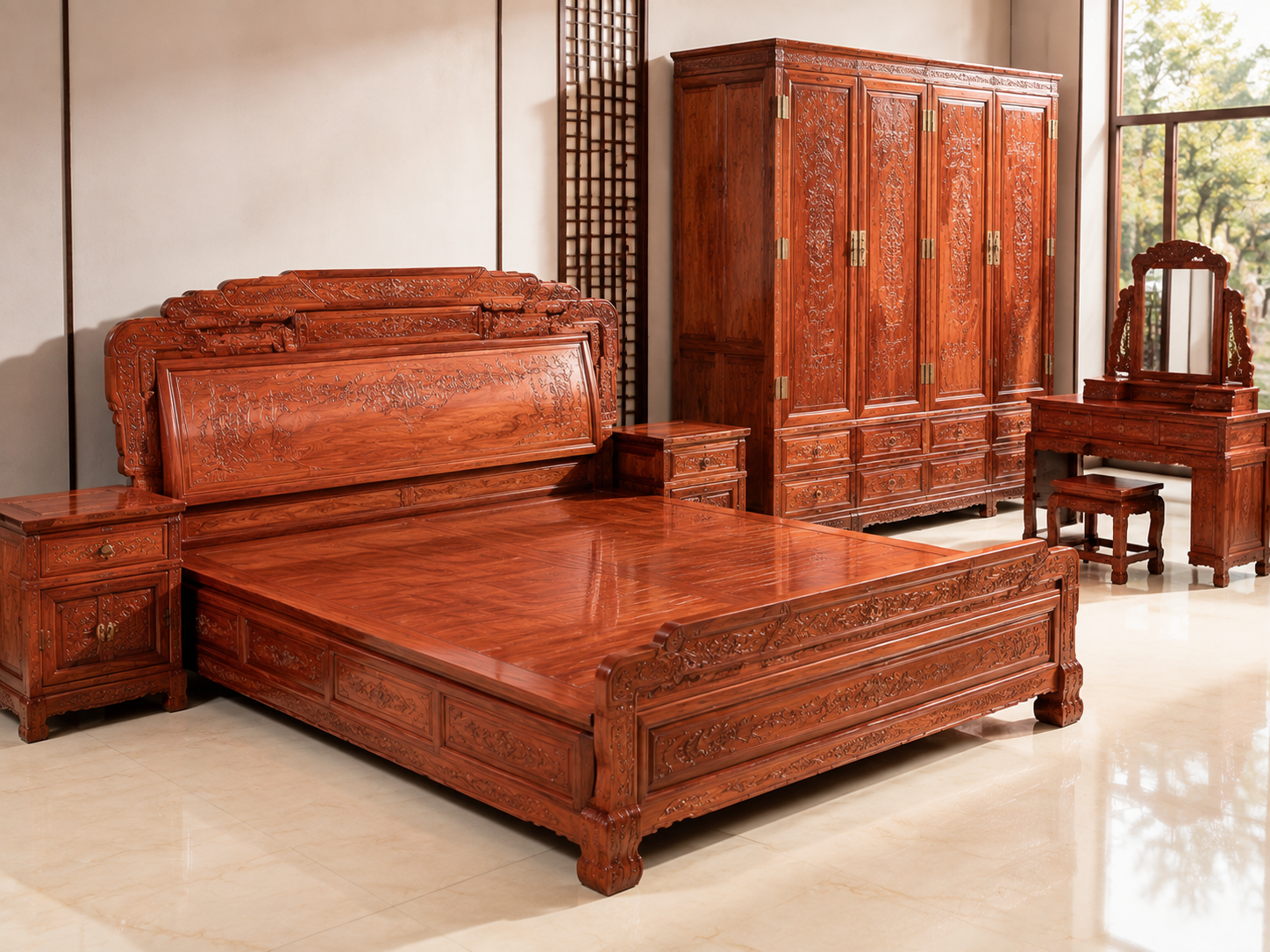 Four-piece Siamese rosewood bedroom set with low-headboard panel bed, nightstands and dresser with mirror