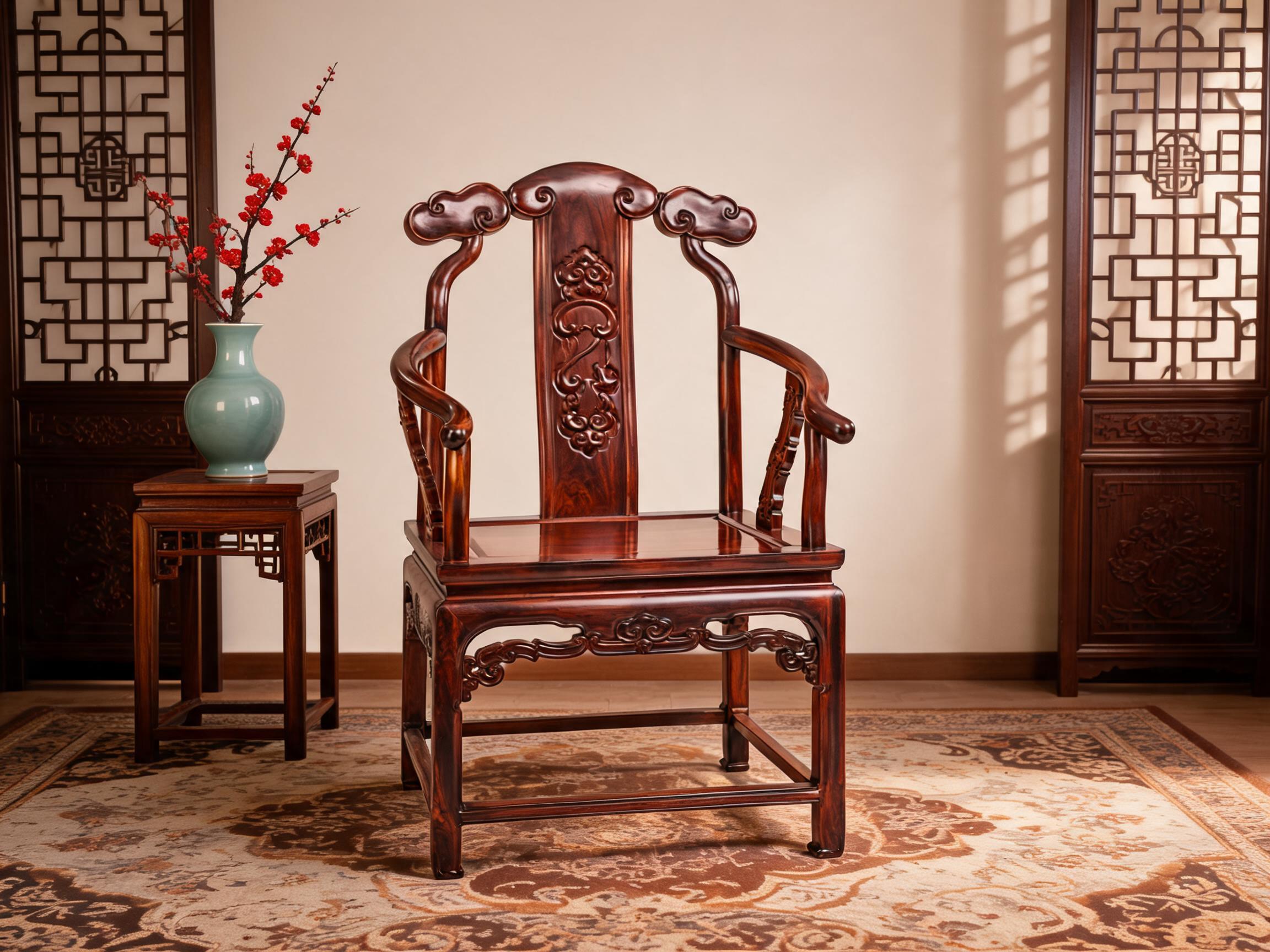 Classical Siamese Rosewood Armchair with Carved Ruyi Backrest rosewood armchair