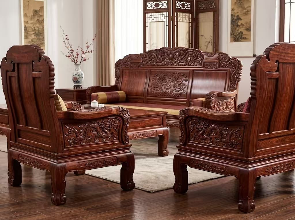 Classical Siamese Rosewood Sofa 3-Piece Set with Carved Armrests Classical Redwood