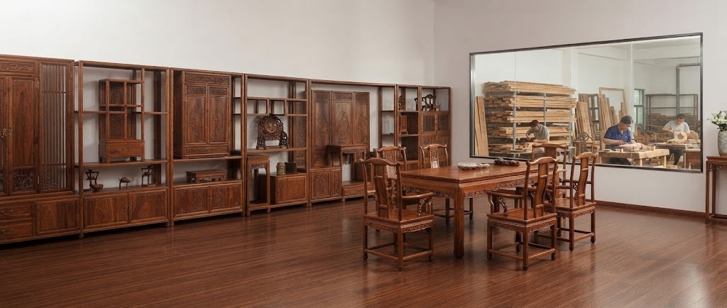 Redwood furniture showroom with dining table set and workshop viewing window