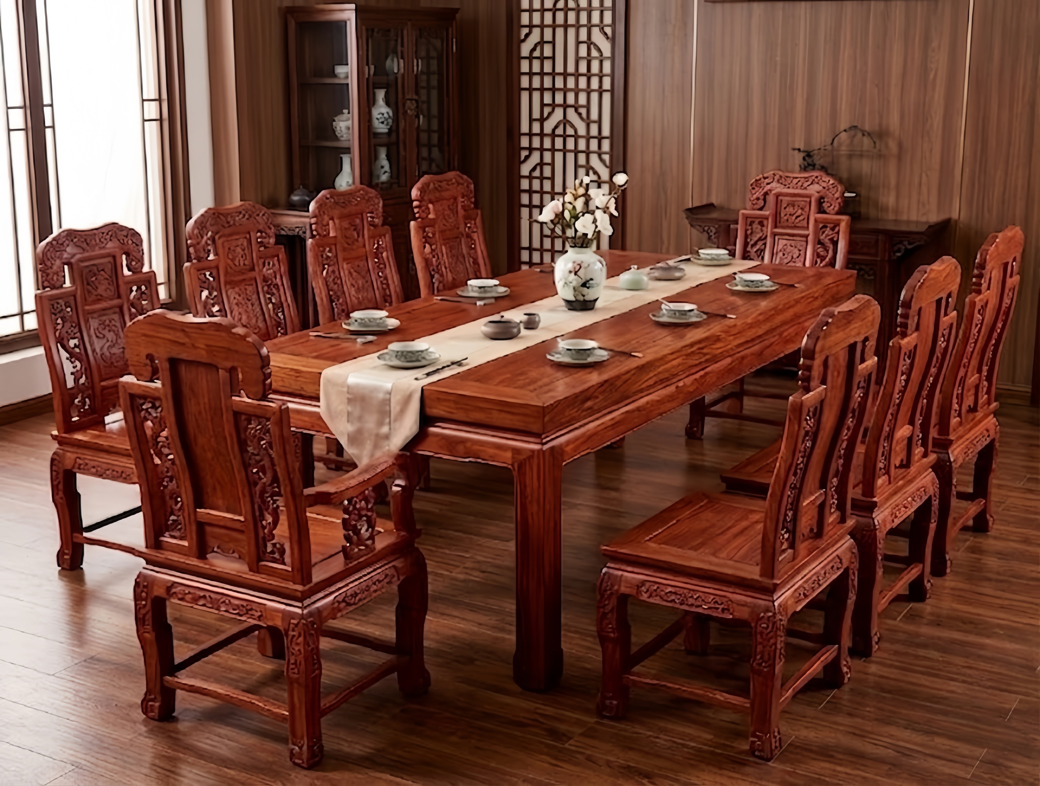 Rectangular Redwood Dining Table 10-Seat Set with Carved Chairs Classical Redwood