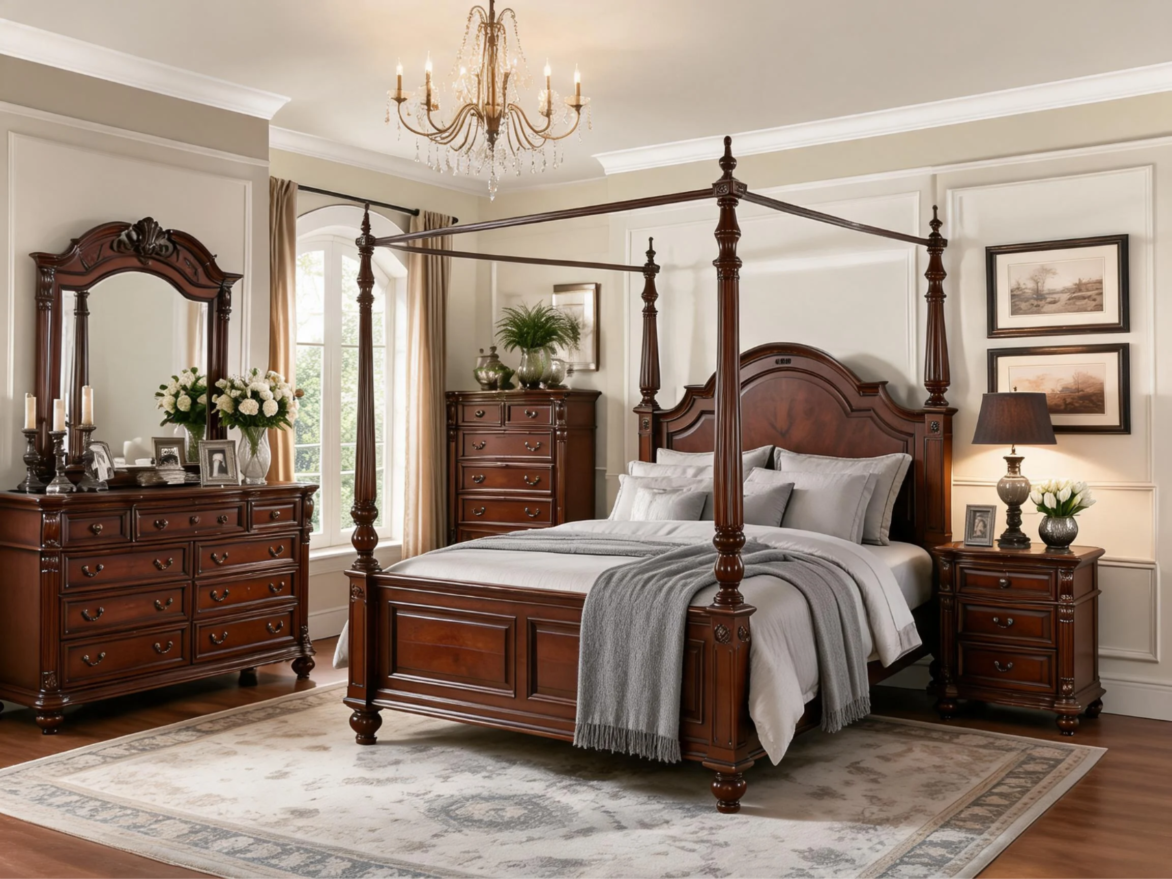 Classical Four-Poster Redwood Bedroom Suite 5-Piece Classical Redwood