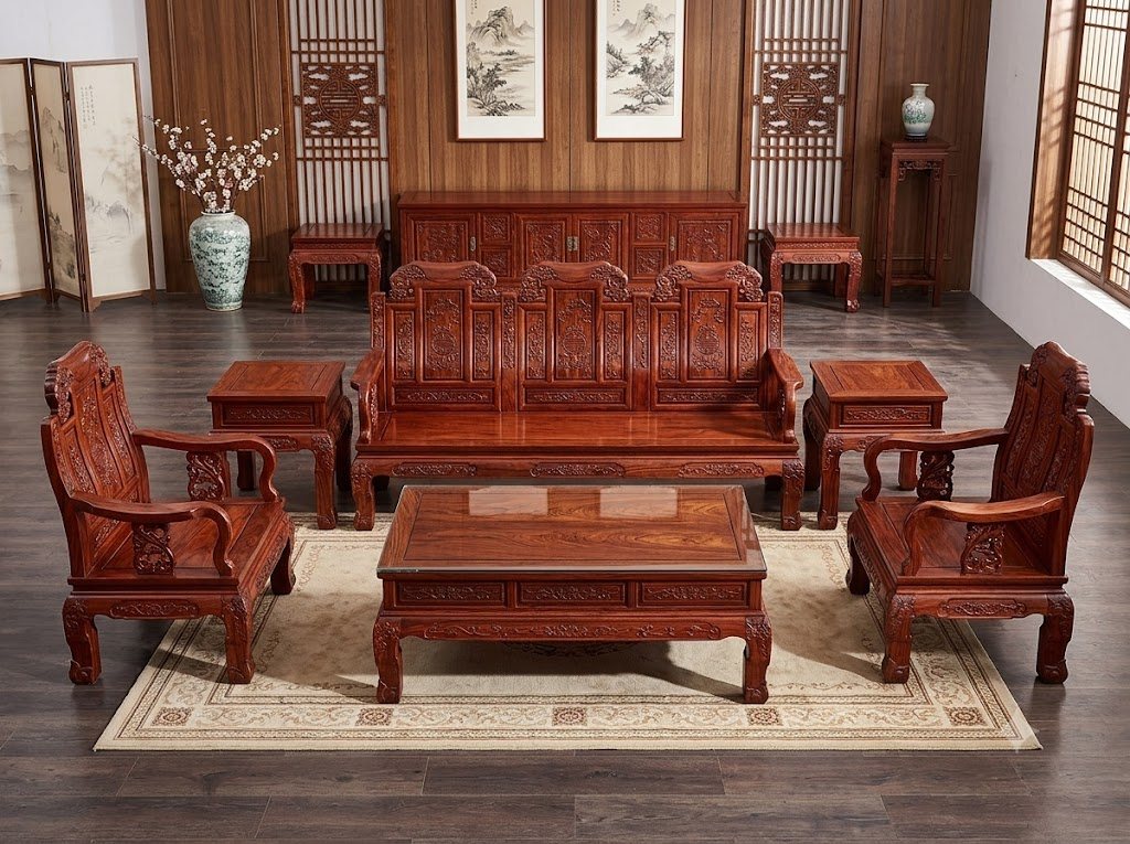 Six-piece carved redwood reception sofa set with phoenix-and-peony backrest panels