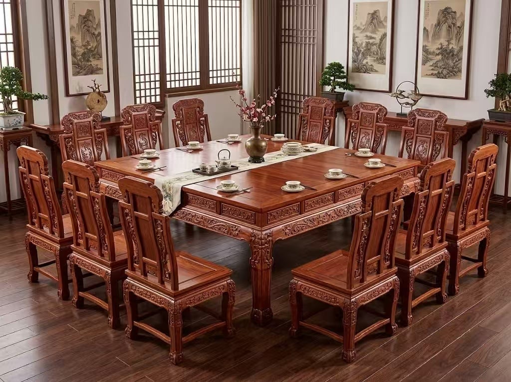 Square Redwood Dining Table 12-Seat Banqueting Set with Carved Chairs Classical Redwood