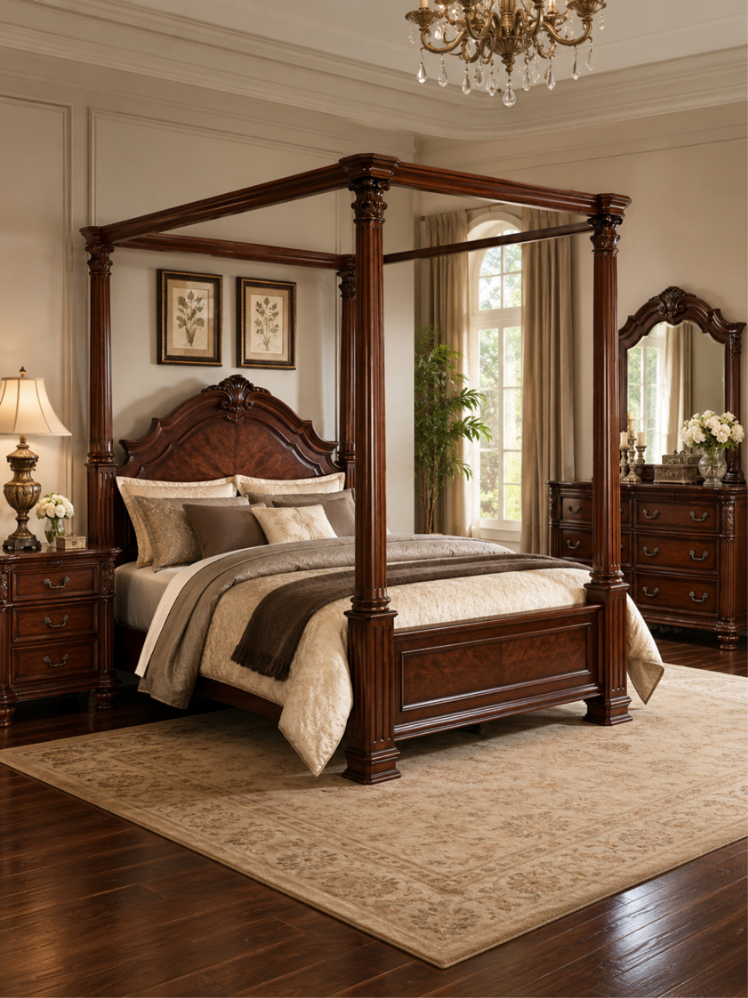 Classical Redwood Canopy Bed 3-Piece Bedroom Set Classical Redwood