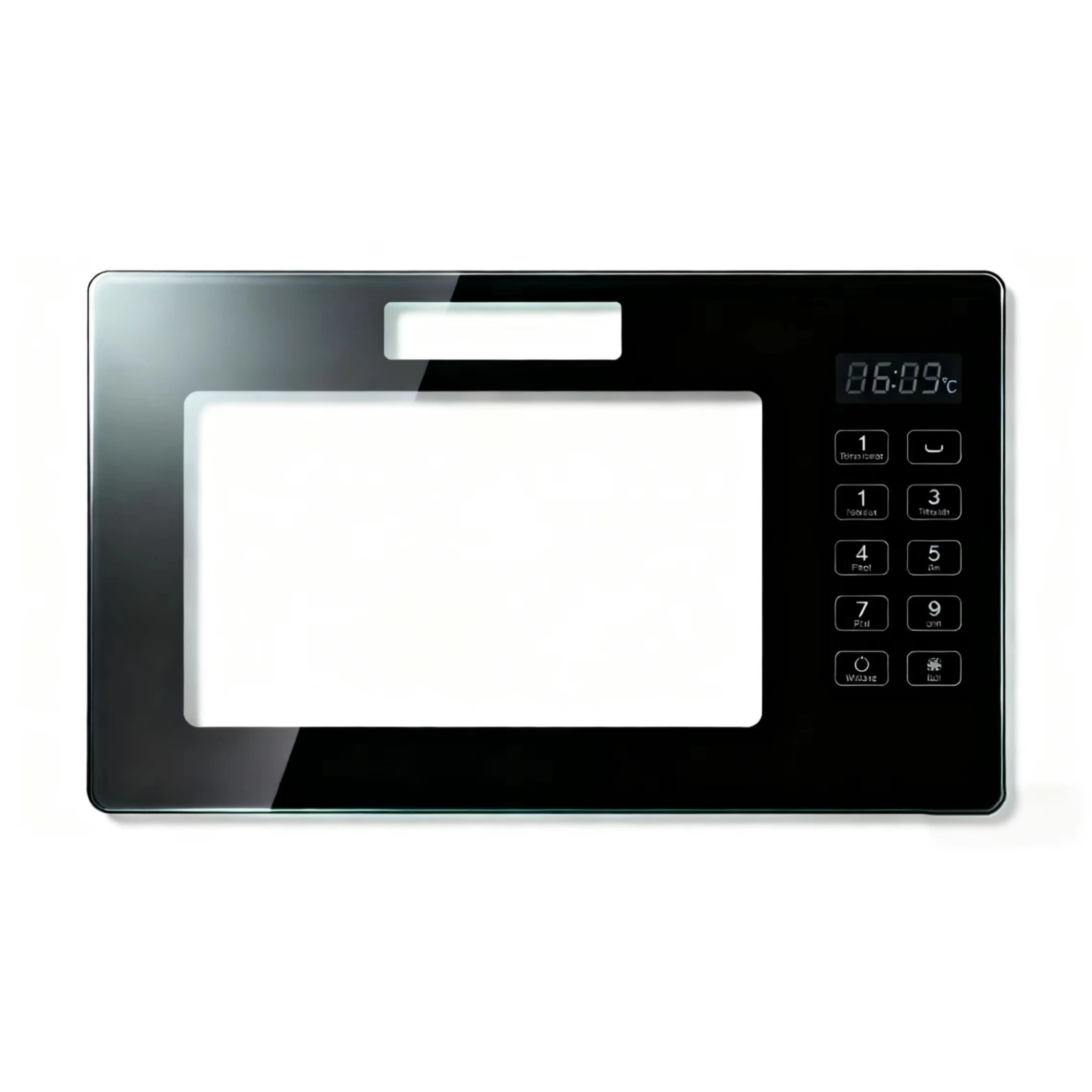 Microwave oven glass panel front door view