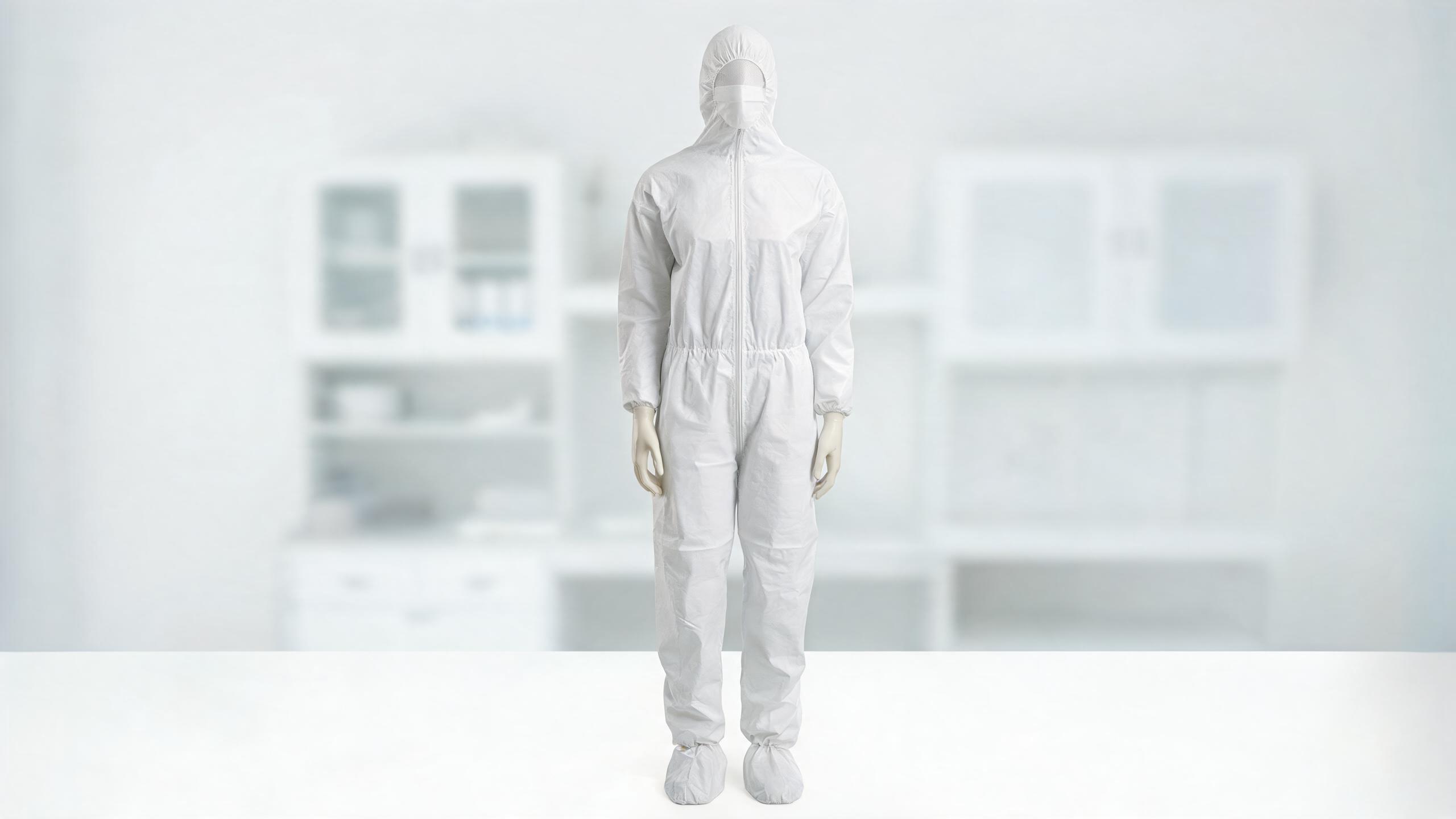 Disposable Coverall with Hood White – full-body SMS nonwoven coverall with integrated hood, CE certified