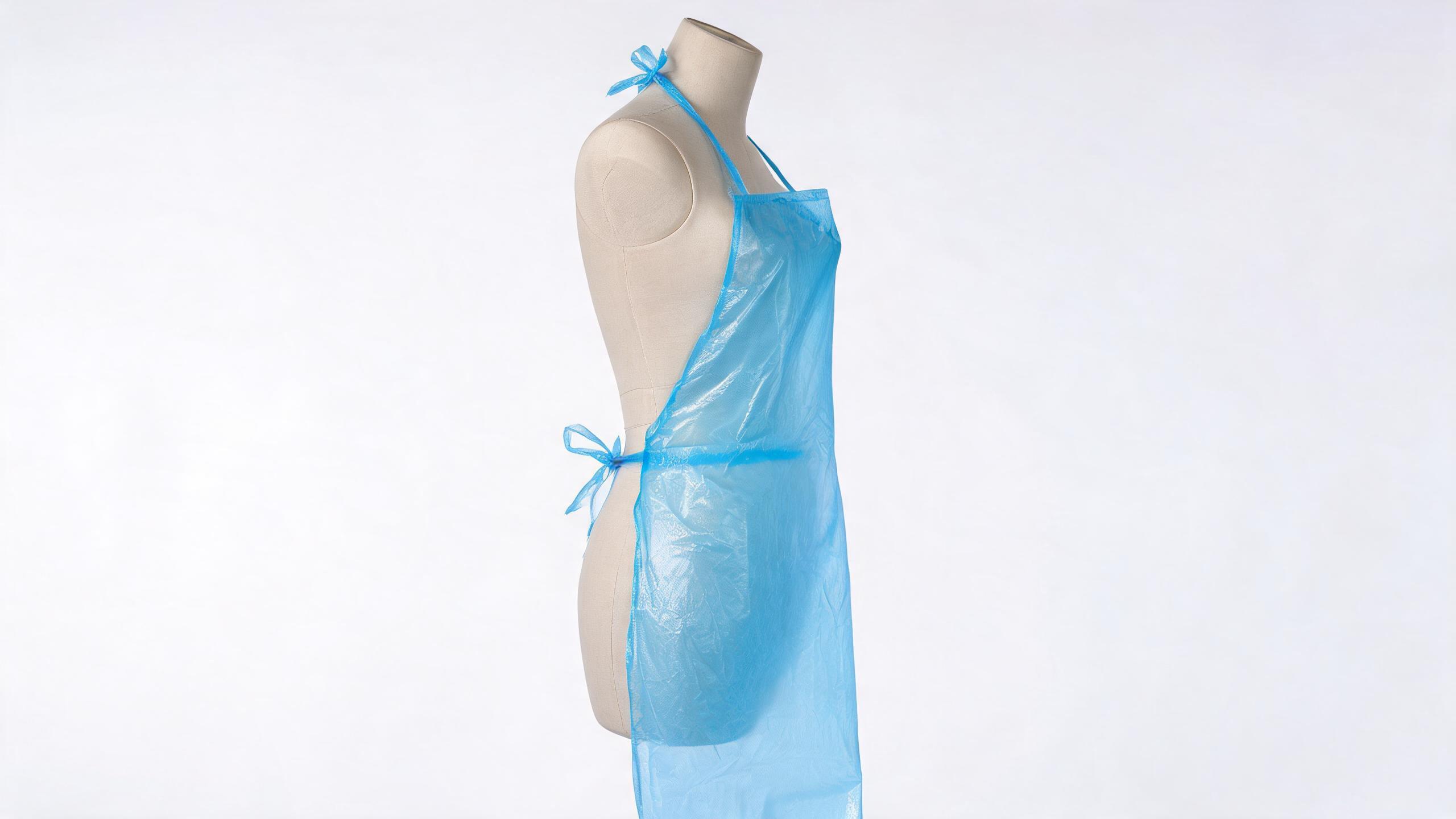 Disposable Apron Blue – fluid-proof PE disposable apron with neck loop and waist ties, CE certified
