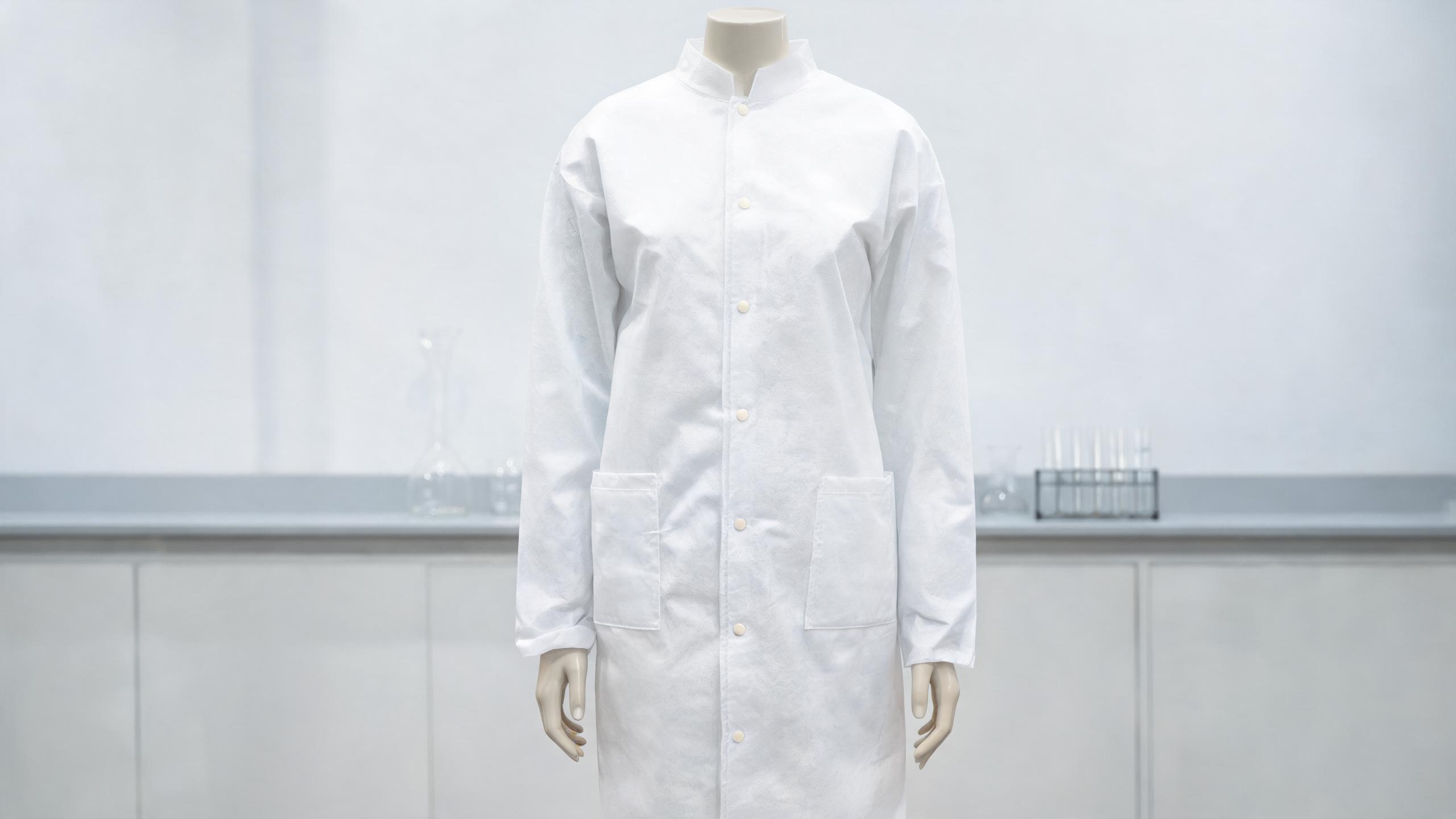 SMS Lab Coat White – disposable knee-length lab coat with elastic cuffs, CE certified