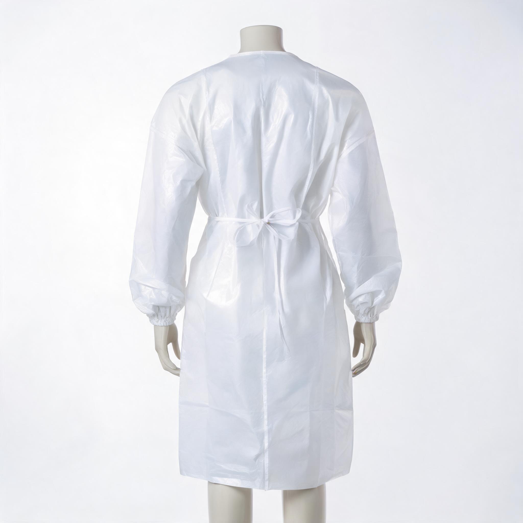 PP+PE Laminated Isolation Gown White – fluid-proof isolation gown with heat-sealed seams, EN ISO 13795 certified