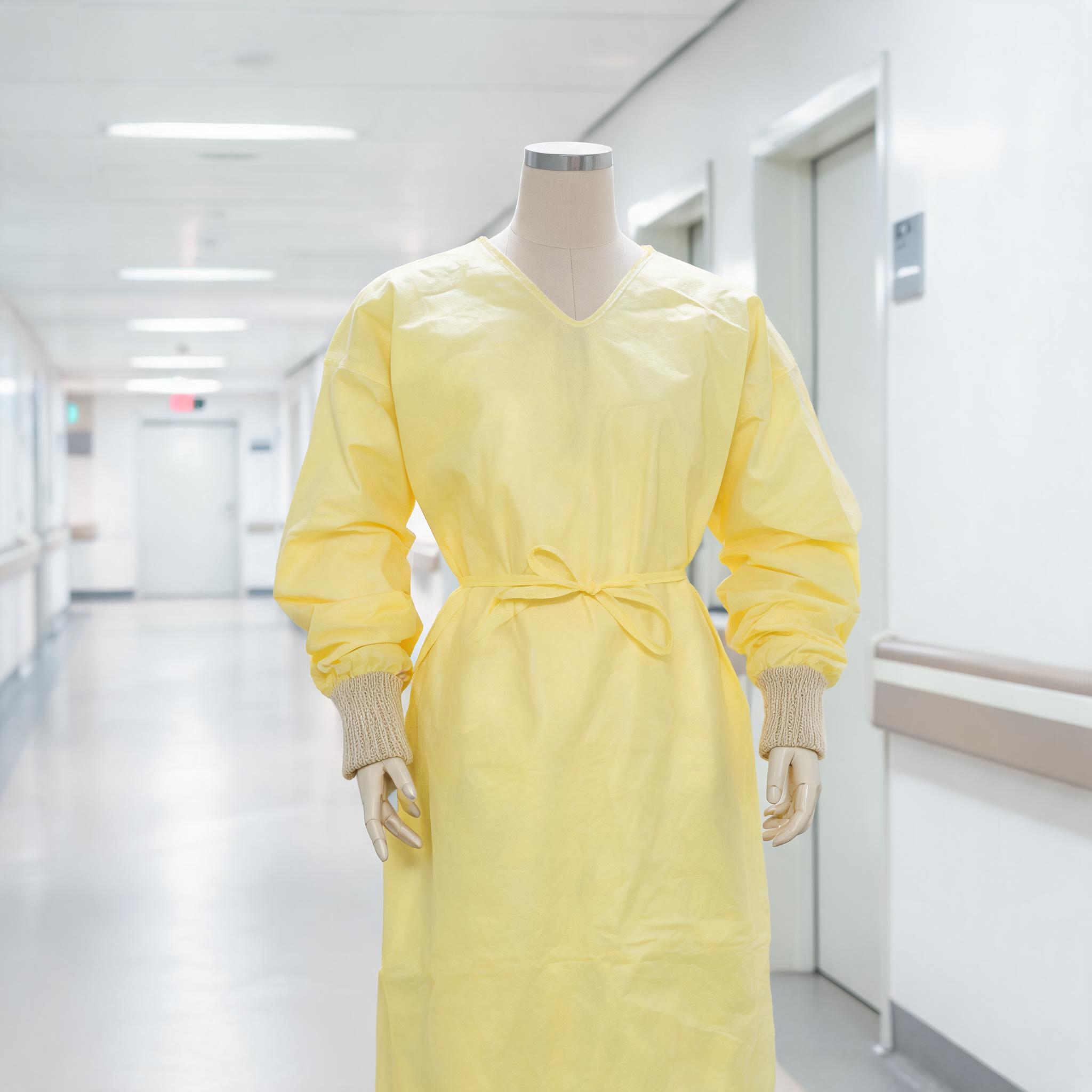 SMS Isolation Gown Yellow Knit Cuff – yellow SMS nonwoven isolation gown with knitted cuffs, EN ISO 13795 certified