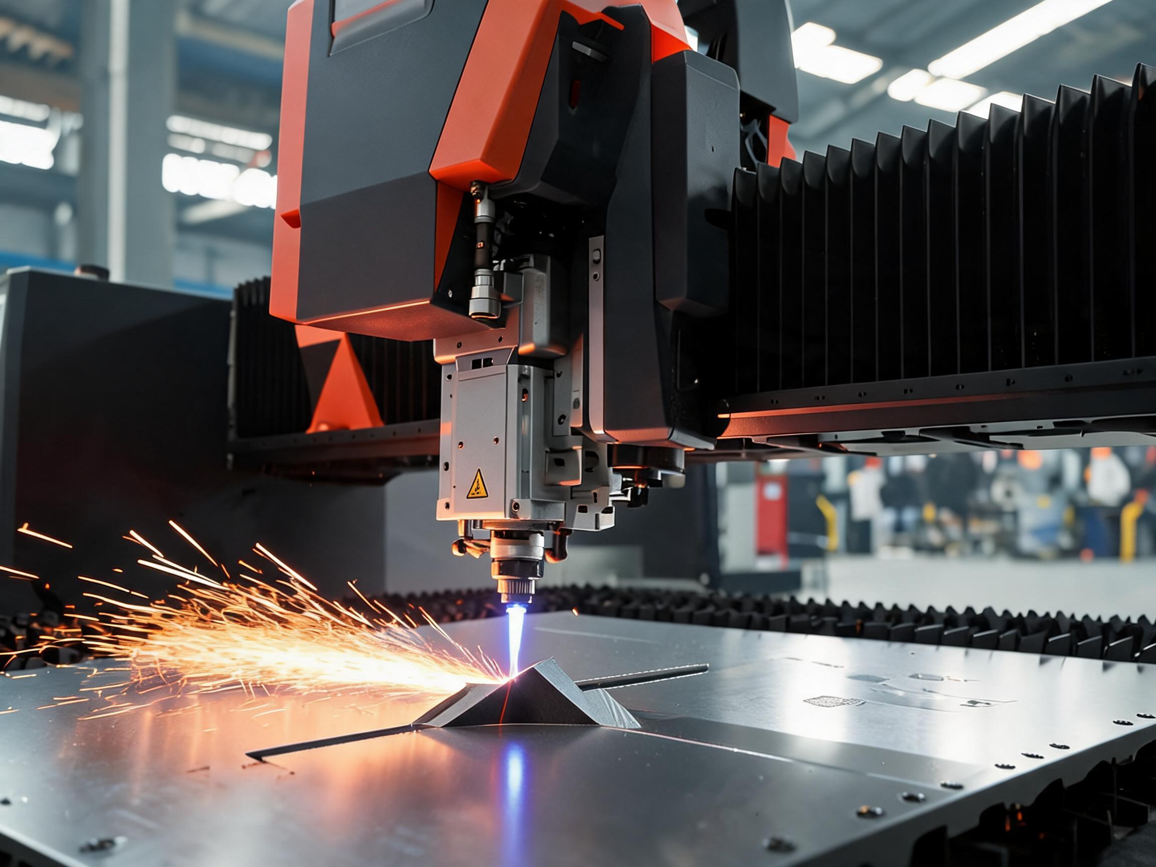 Bevel fiber laser cutting machine with tilted cutting head producing V-groove bevel on thick steel plate