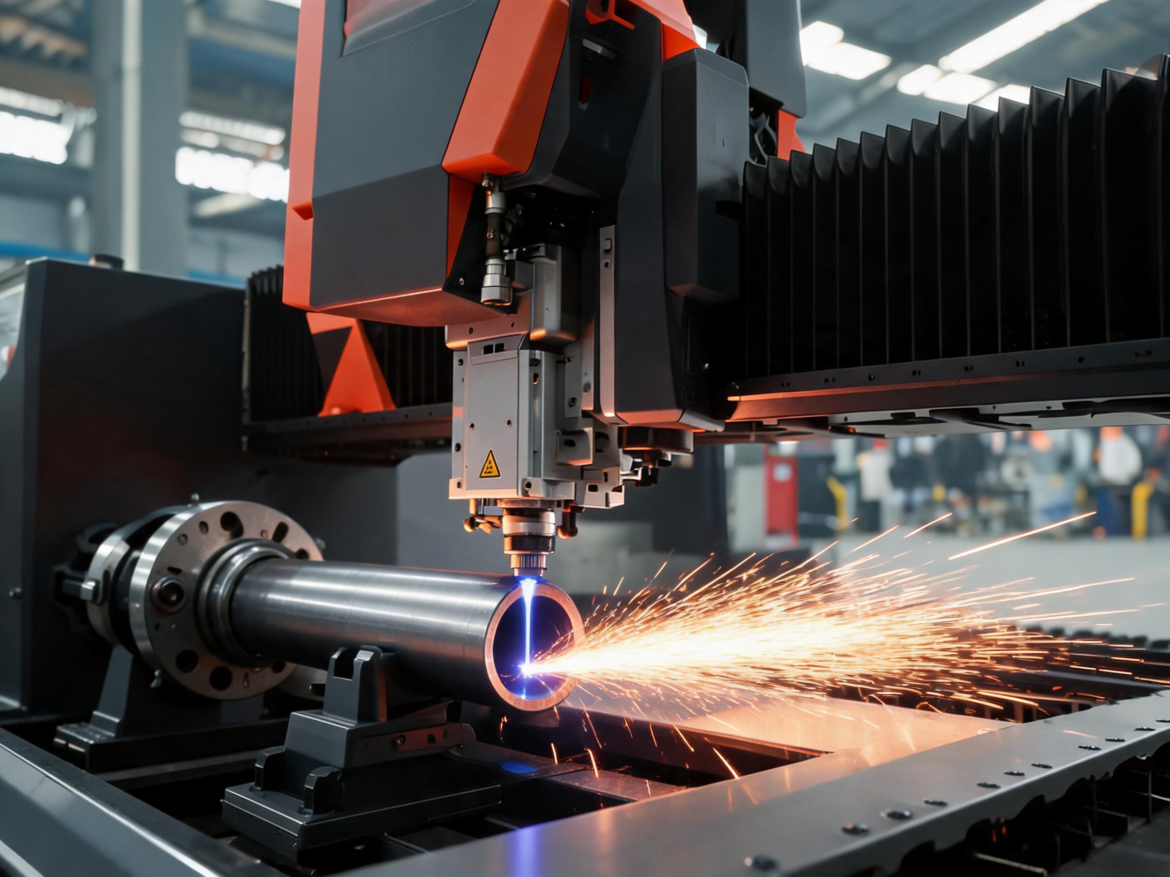High-power tube fiber laser cutting machine cutting round steel pipe with rotating chuck