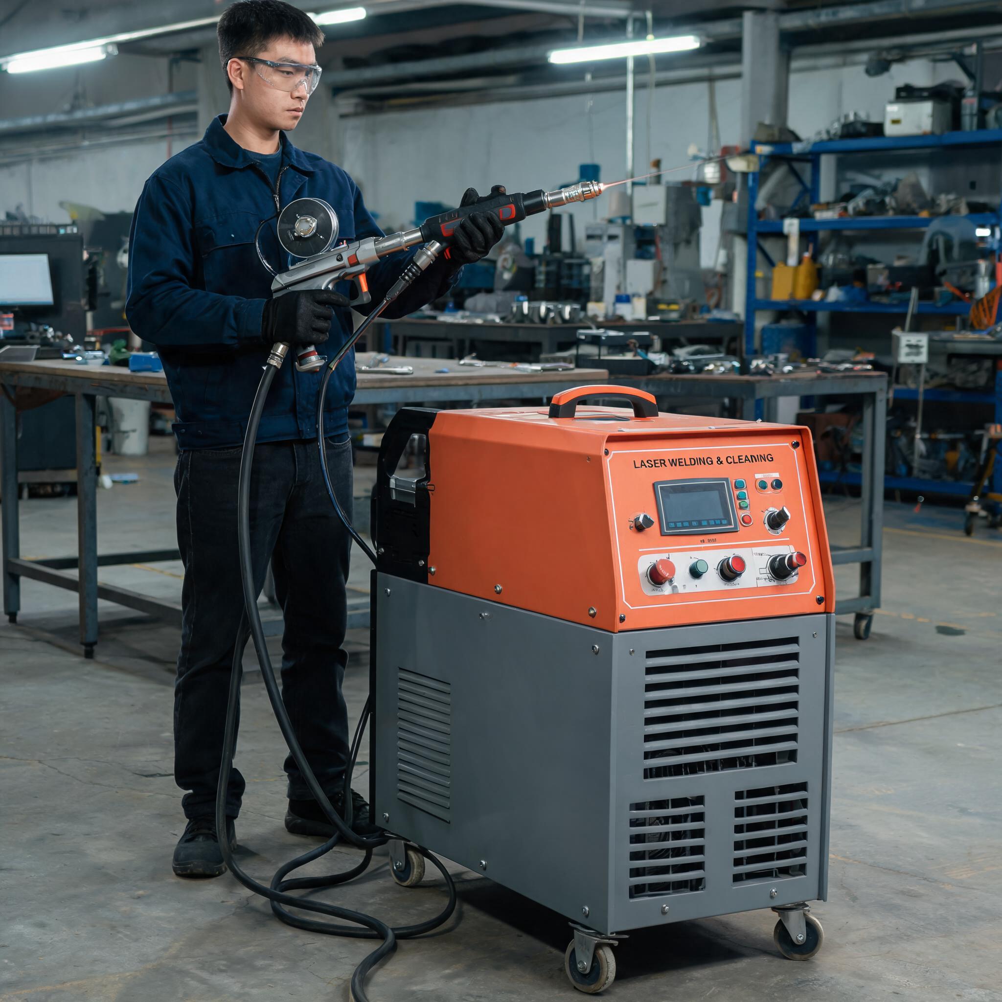 Handheld fiber laser welding and cleaning combo machine with operator holding welding gun and wire feeder