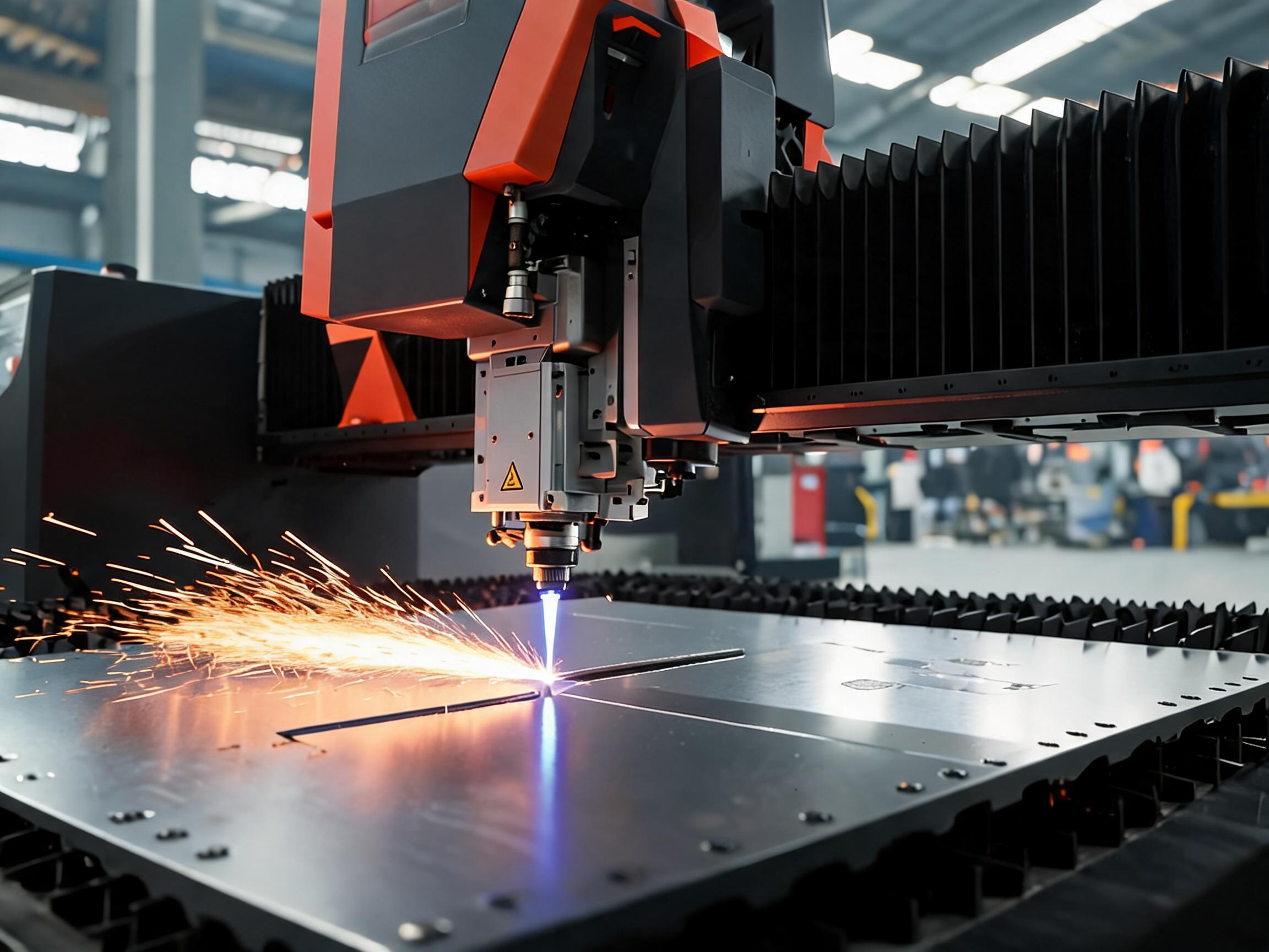 15000W fiber laser cutting machine cutting thick carbon steel plate in heavy fabrication workshop