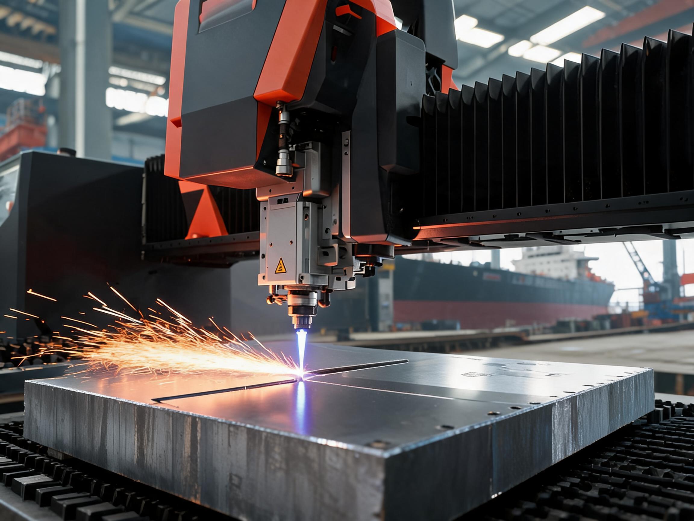 Marine engineering ultra-thick plate fiber laser cutting machine cutting 50mm steel plate in shipyard