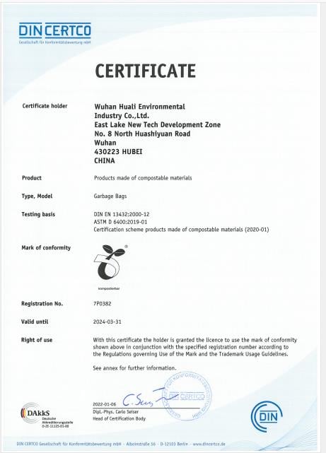 Compostable certificate for Garbage bag