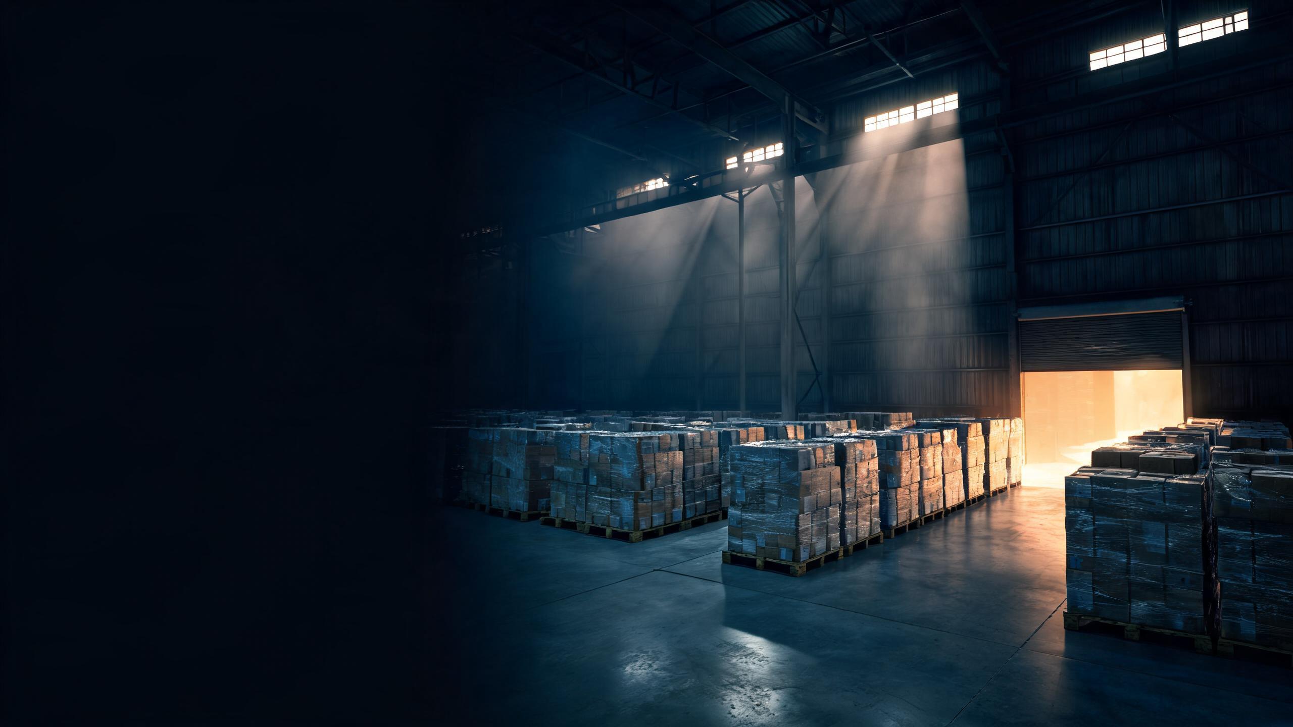 Warehouse interior with stacked pallets of boxed goods and loading dock