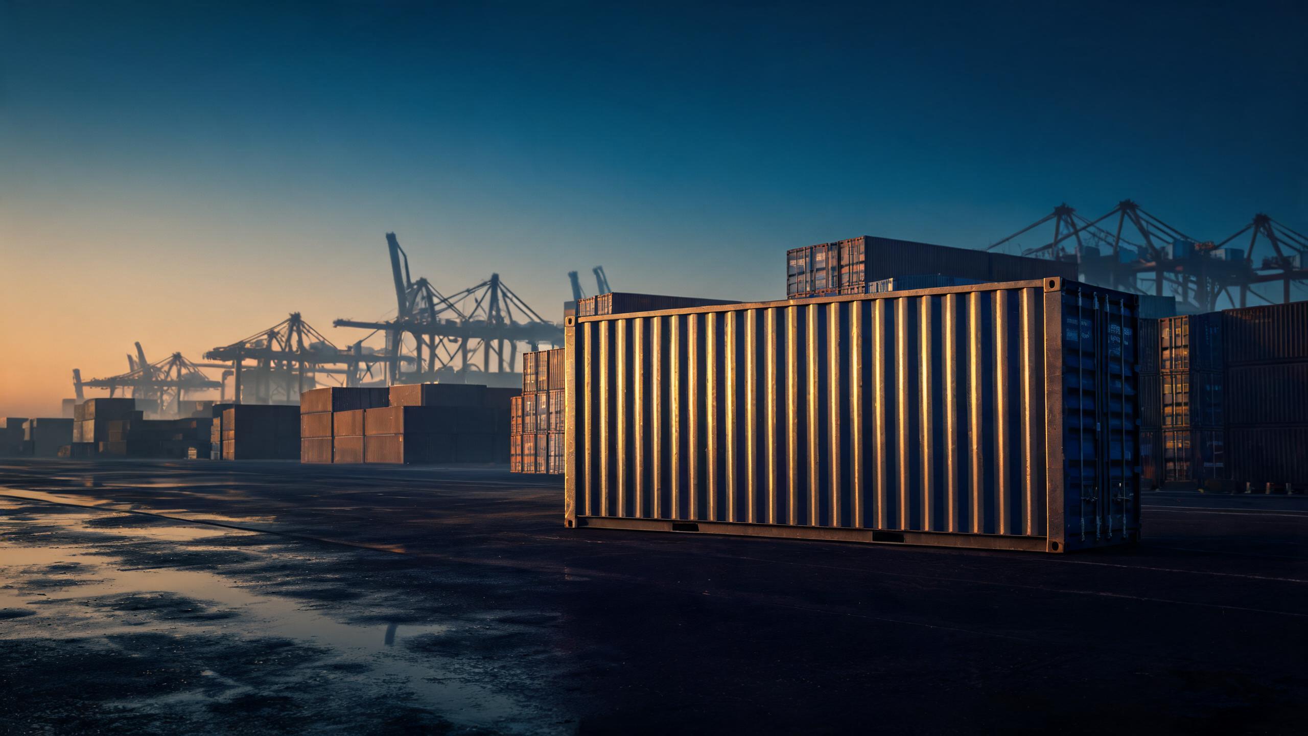 Container terminal at dawn with dock cranes and stacked shipping containers