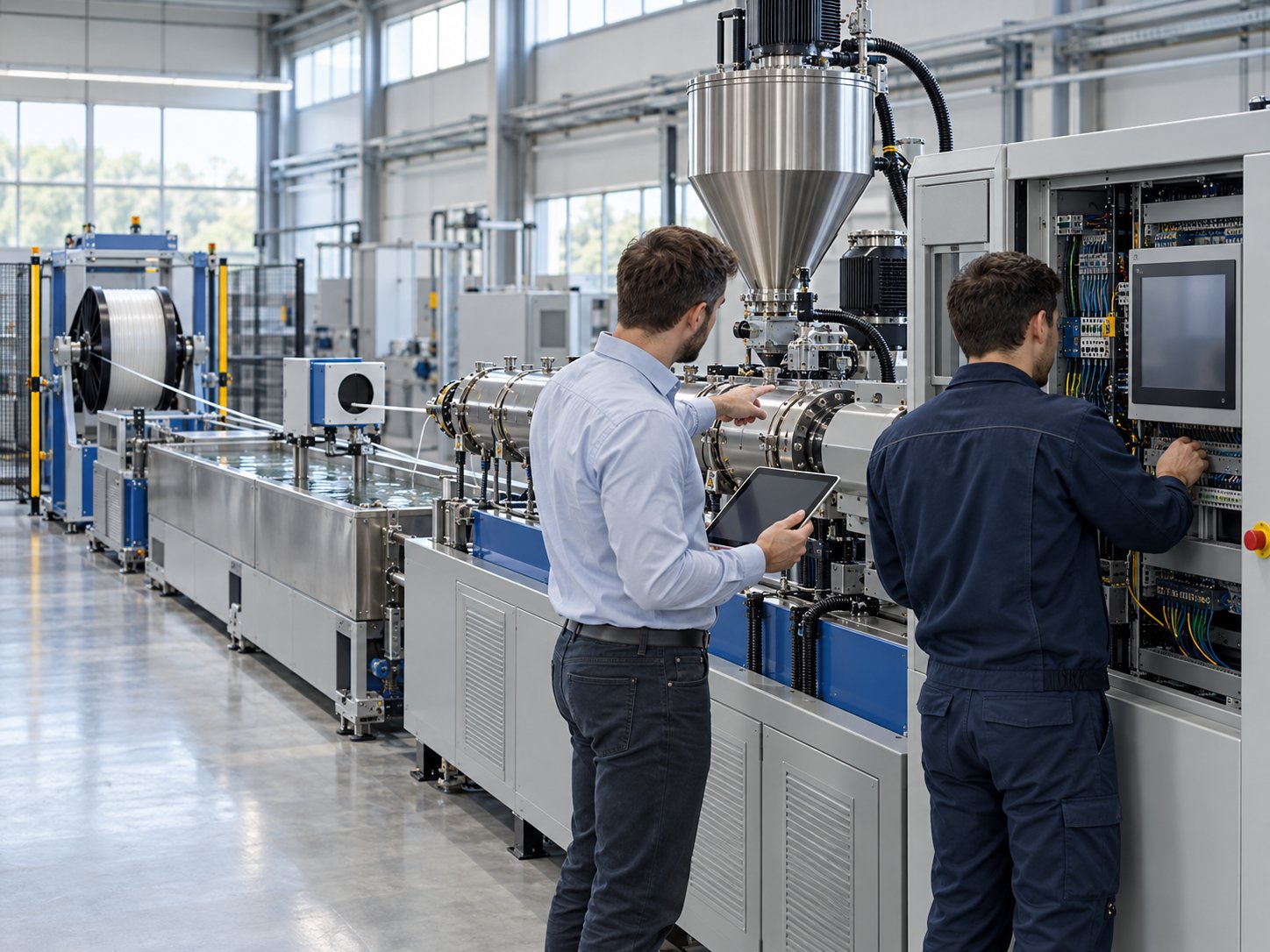 Two technicians commissioning a filament extrusion line at the extruder and the control cabinet