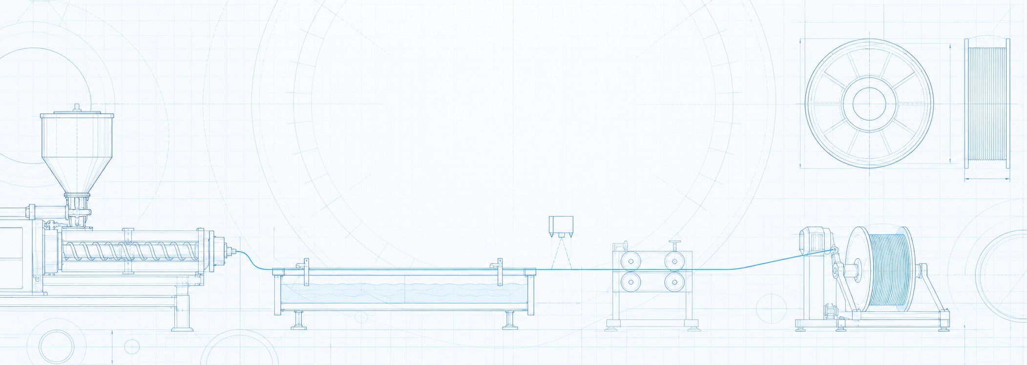 Schematic diagram of the filament extrusion process: extruder, cooling trough and winding station