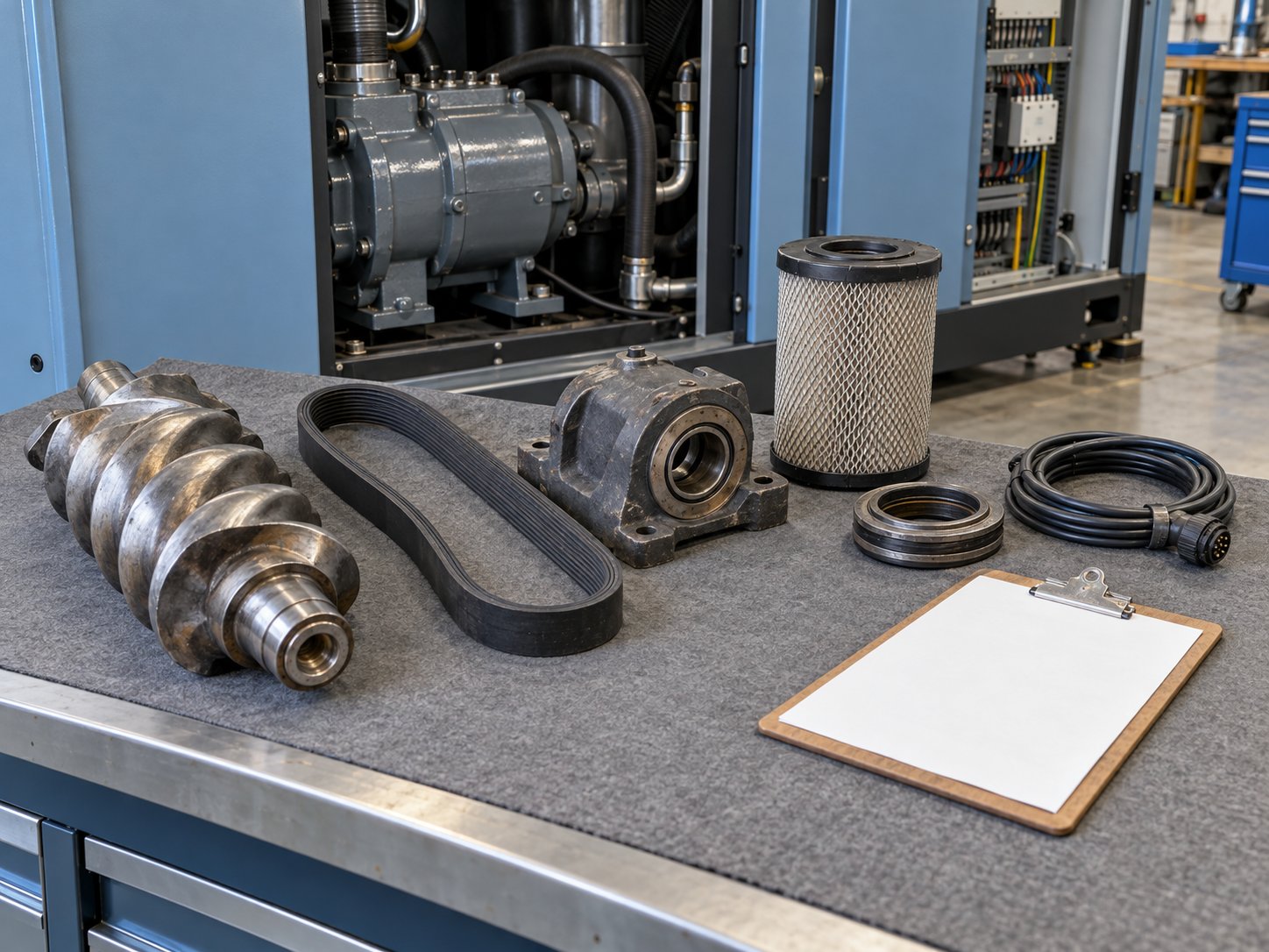 Used mechanical parts and spare components laid out on an inspection bench in front of an opened machine panel
