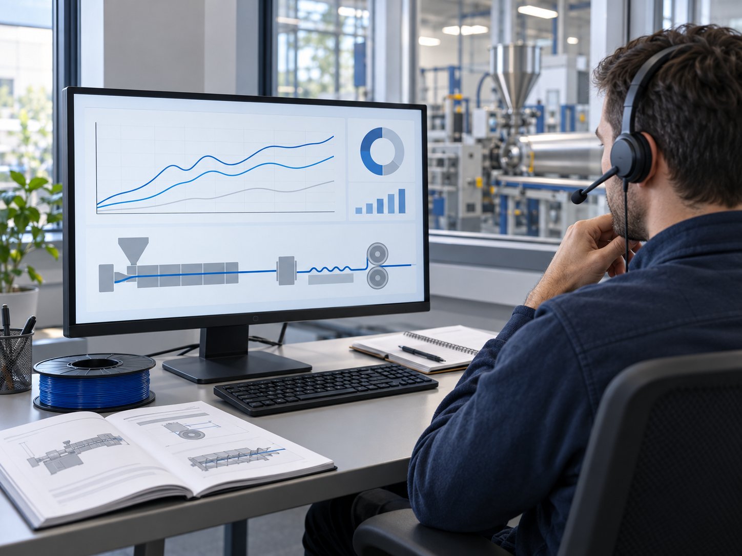Technical support engineer reviewing extrusion process data on screen while talking with a customer