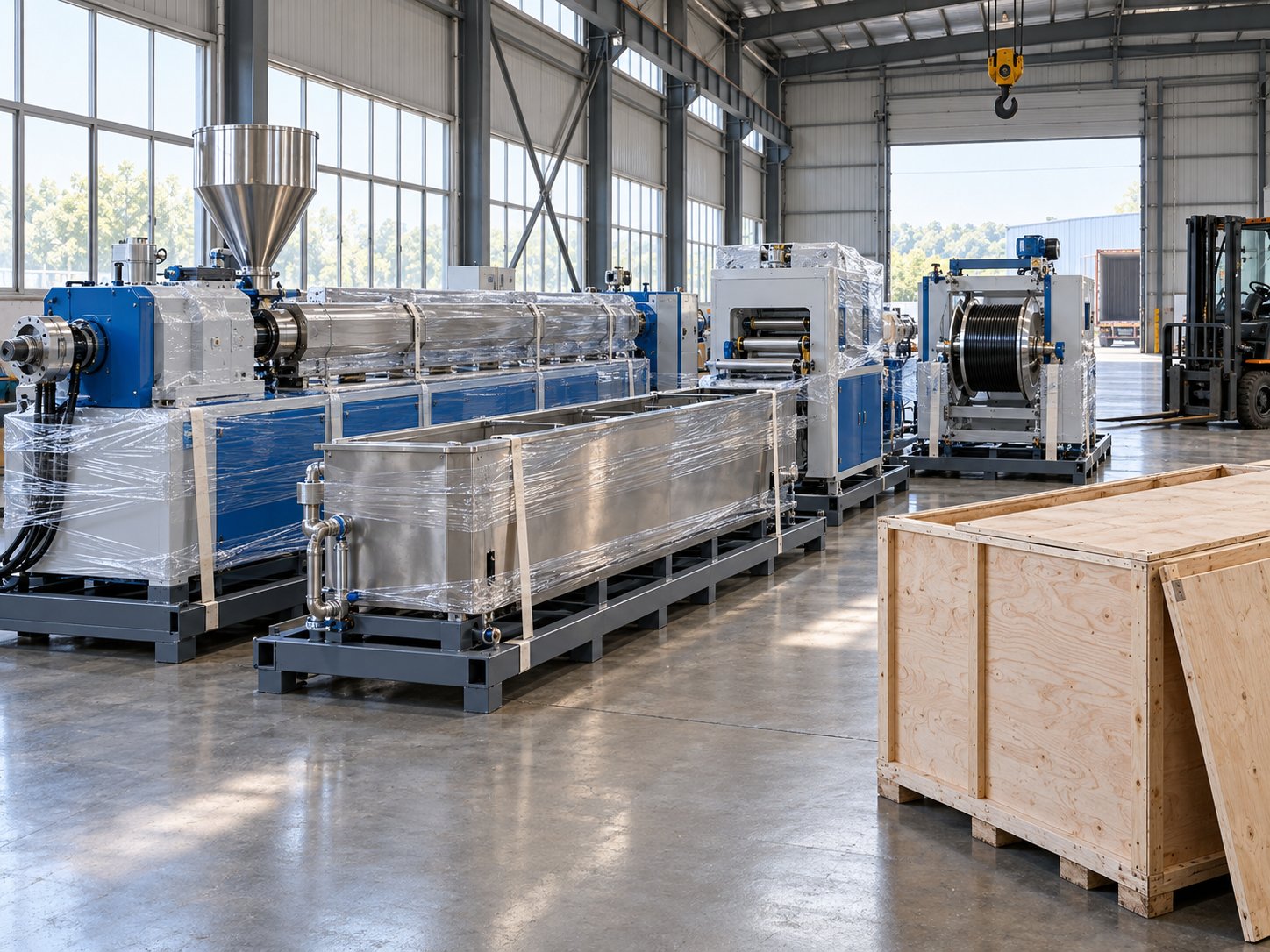 Extrusion line sections wrapped for shipment on steel pallets beside an export crate in a production hall