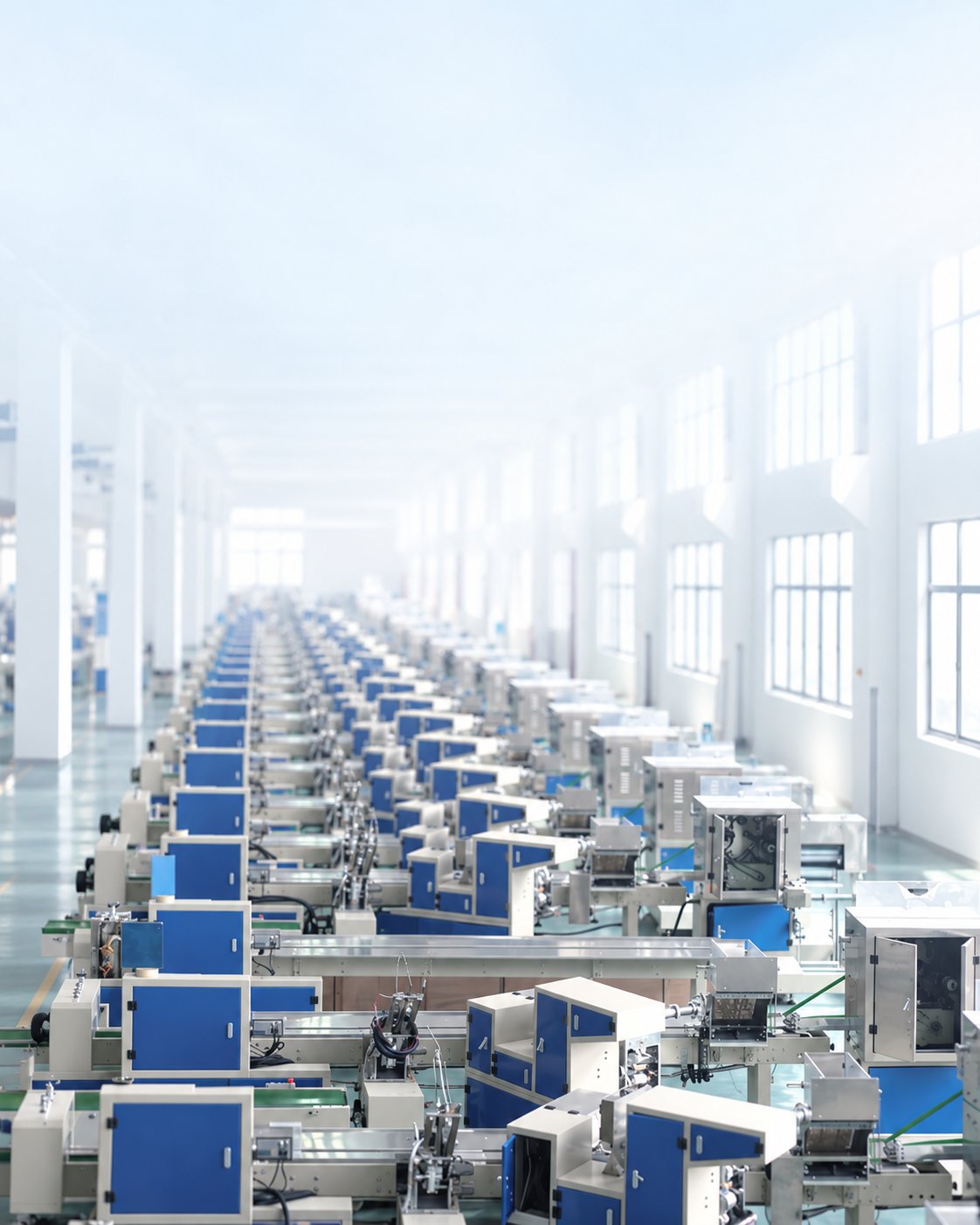 Rows of filament production equipment inside the Rongcai manufacturing workshop