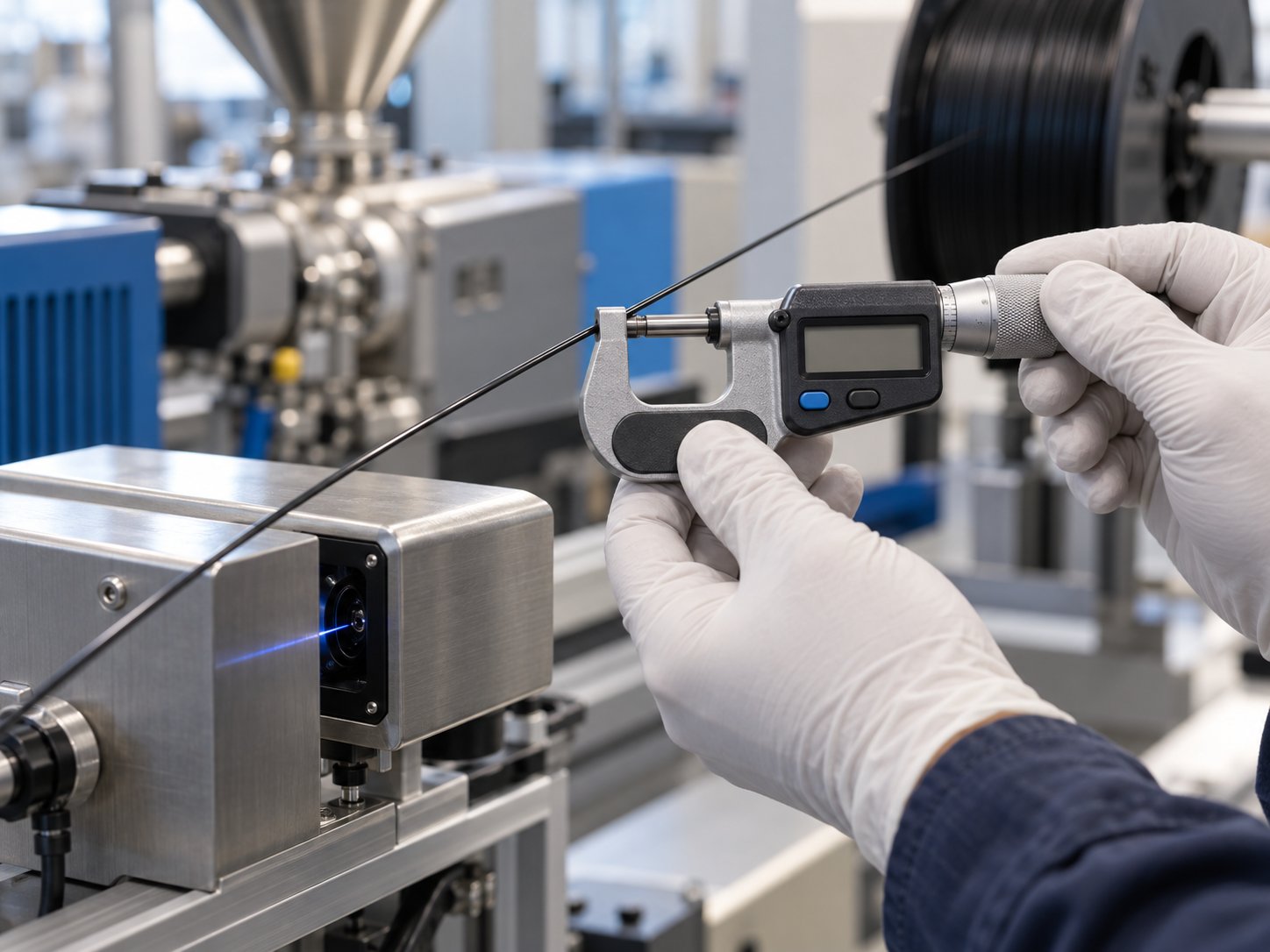 Filament diameter checked with a digital micrometer beside an in-line laser diameter gauge