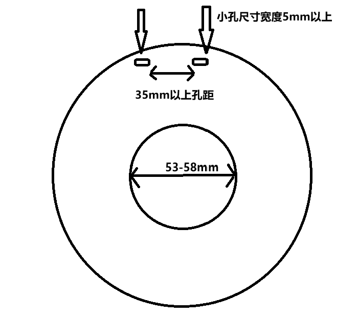 Spool face requirements diagram: threading hole width 5 mm or more, hole spacing 35 mm or more, core inner diameter 53–58 mm