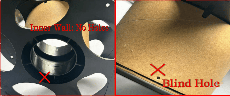 Unsuitable spools for the threading-hole winder: inner wall without holes and blind holes only
