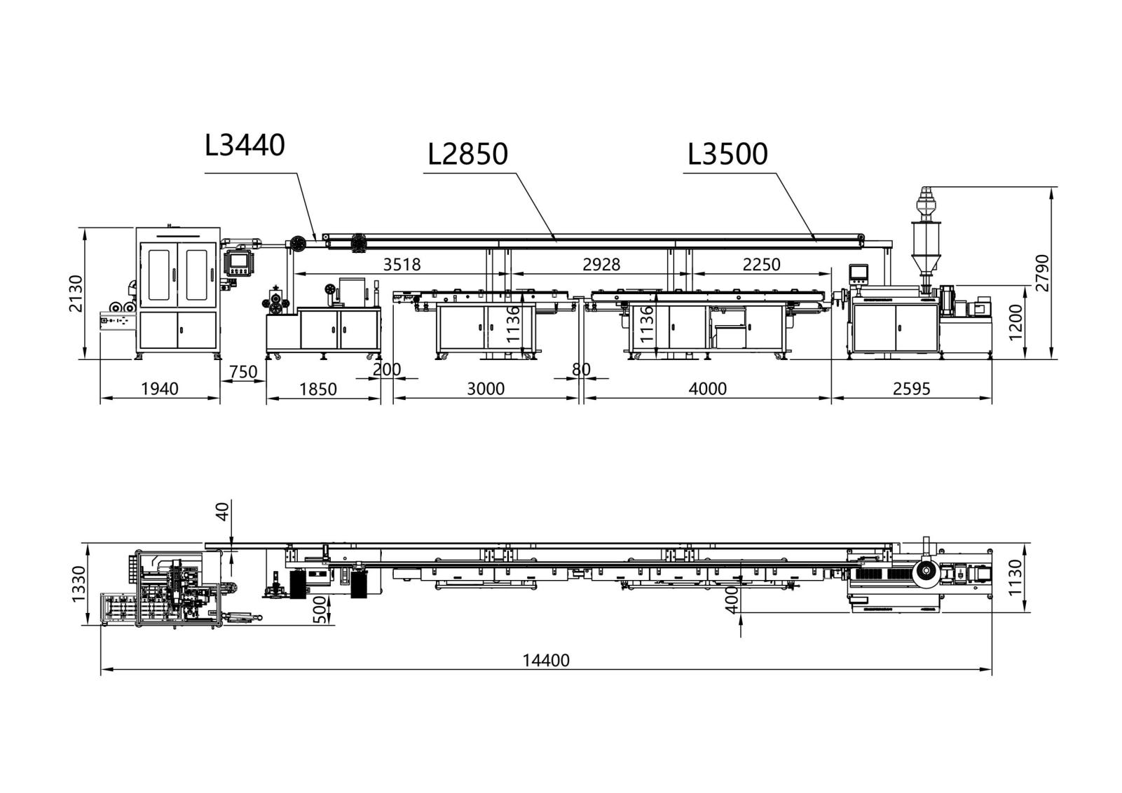 RC-45 standard-speed filament extrusion line layout drawing with winder, storage rack, water tanks and 45-type extruder dimensioned