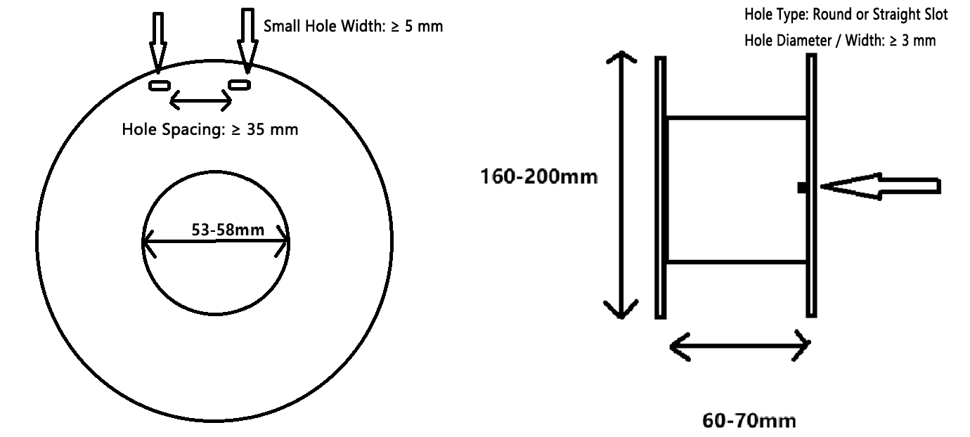 Spool requirement diagram: core inner diameter 53-58 mm, threading hole width 5 mm or more, hole spacing 35 mm or more
