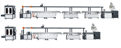 High-speed and standard-speed filament extrusion line comparison, each line running from the extruder to the automatic winder